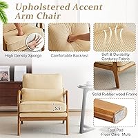 Vista 3 de VINGLI Silla decorativa de pana de alta calidad, con reposabrazos tapizada, cómoda silla de lectura de madera maciza con almohada lumbar, sillas