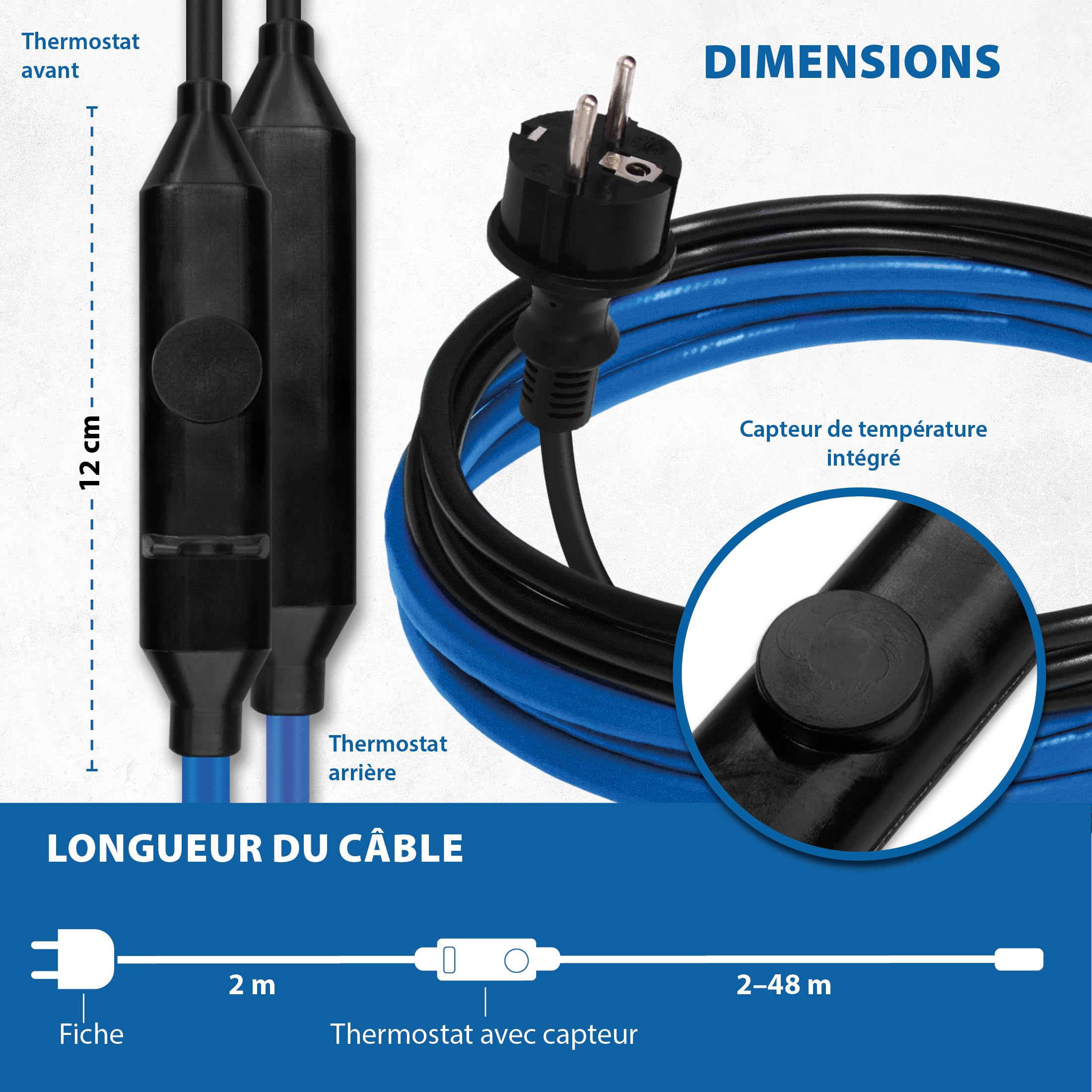 Câble antigel électrique 15 W/m – Chauffage d'accompagnement Chauffage de dégivrage, Chauffage de tuyau, Chauffage des plantes, Bande chauffante – 12 m avec disjoncteur différentiel