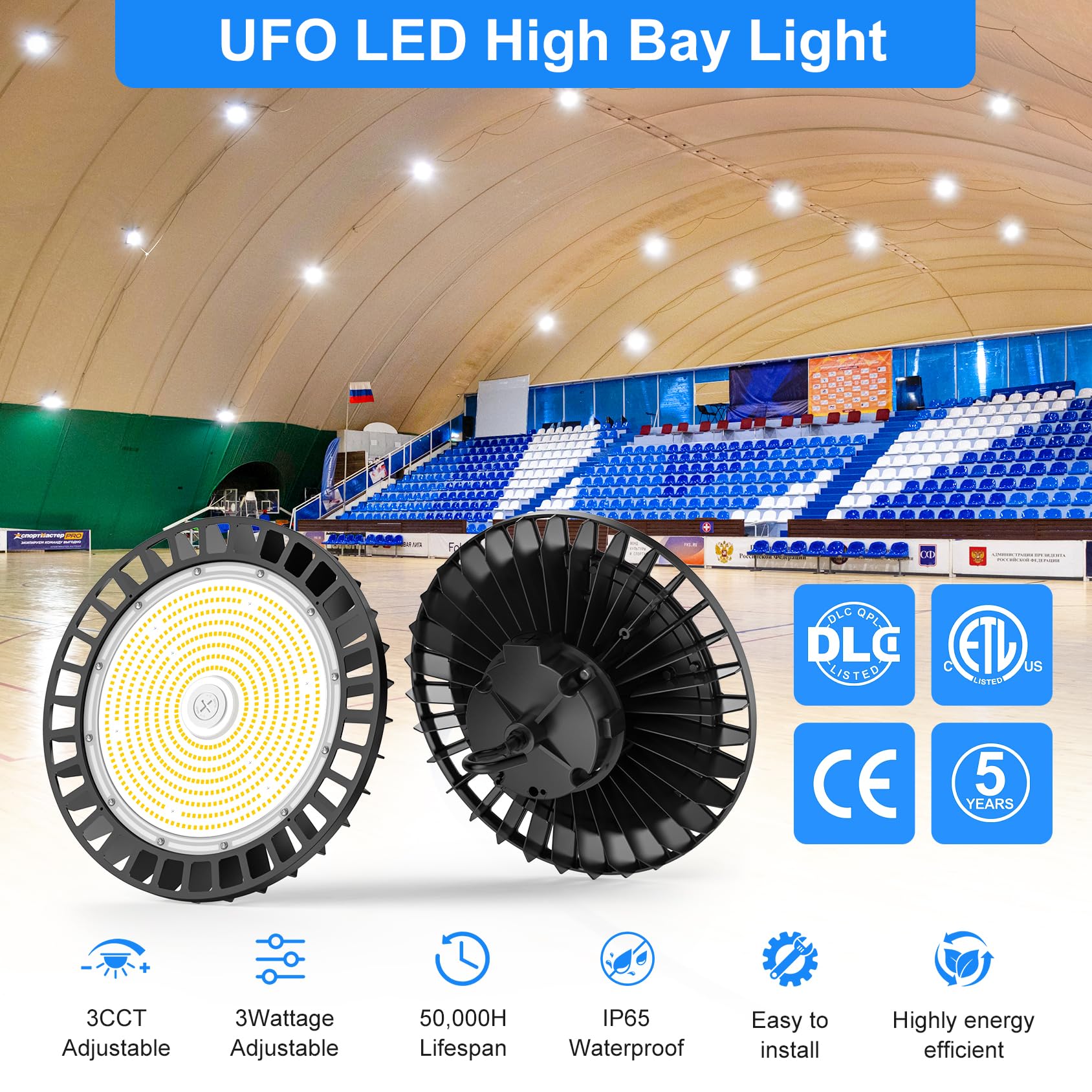 6 Pack UFO LED High Bay Light 240W 200W 150W Adjustable 5700K 5000K 4500K Dimmable DLC ETL LED — view 2