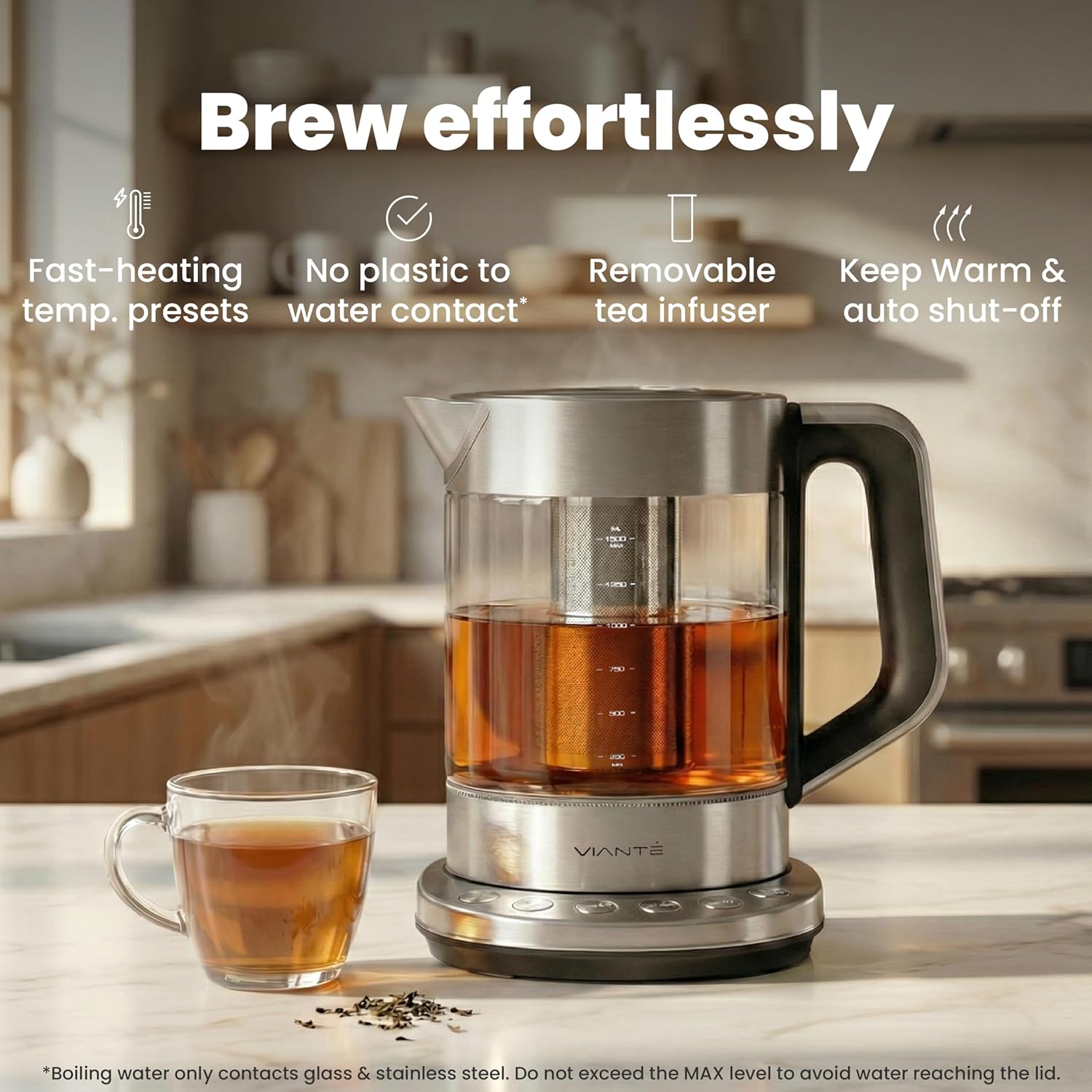 Viante Electric Kettle With Infuser. No Plastic In Contact With Water. Hot Tea Maker With Temperature Control And Automatic Shut Off. Tea Kettle With Brewing Programs. 1.5 Liters Capacity - Image 2