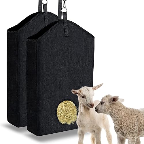 Bolsas de heno para caballos, comedero de heno de cabra 2 bolsas de heno para cabras con anillo de metal y correa ajustable, redes de heno para