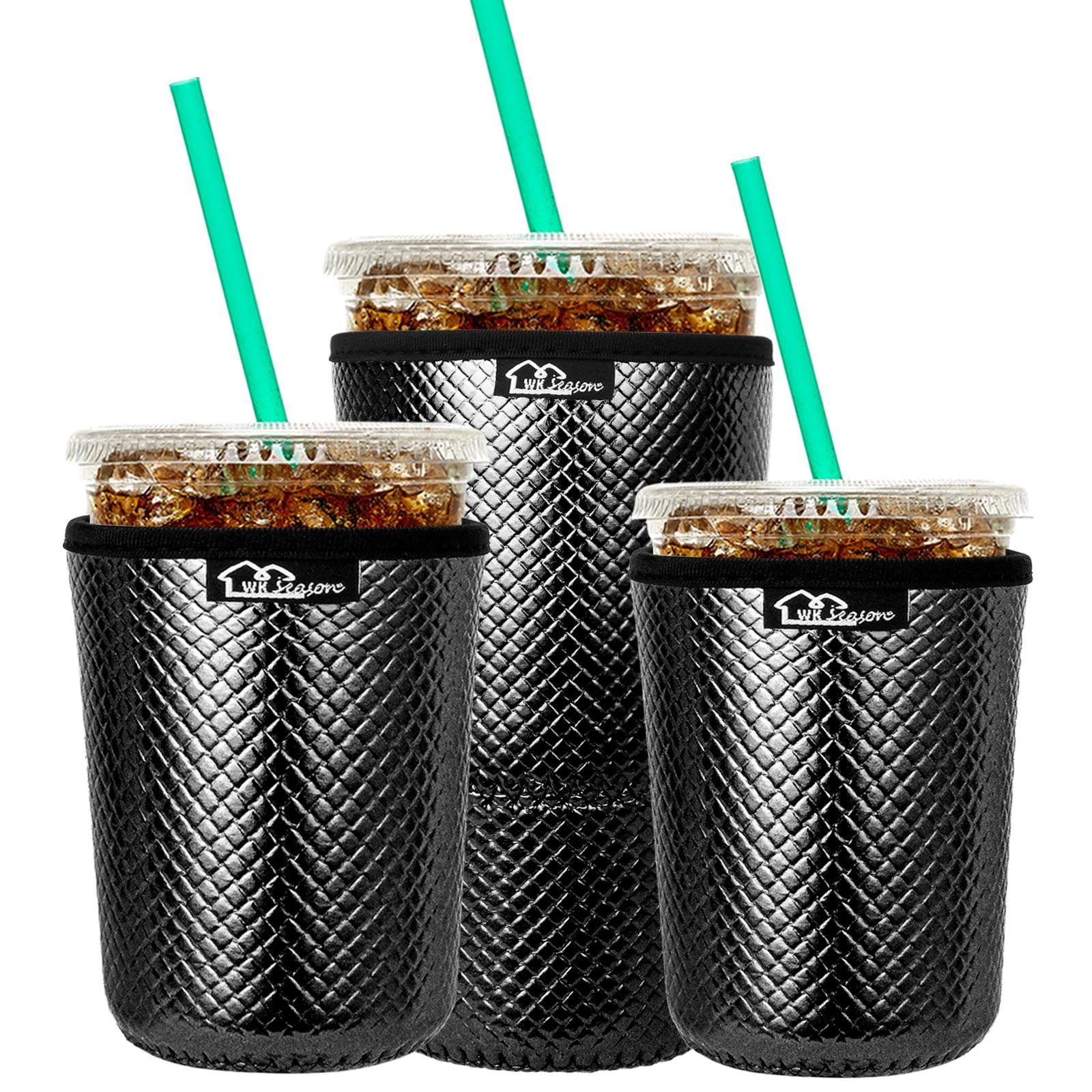 WKIEASON Reusable Iced Coffee Sleeves 16-32OZ PU Leather Neoprene Coffee Cup Sleeves Insulator Cover for Cold Drinks Beverages, Starbucks, McDonalds, Dunkin Donuts and More(Black Set)
