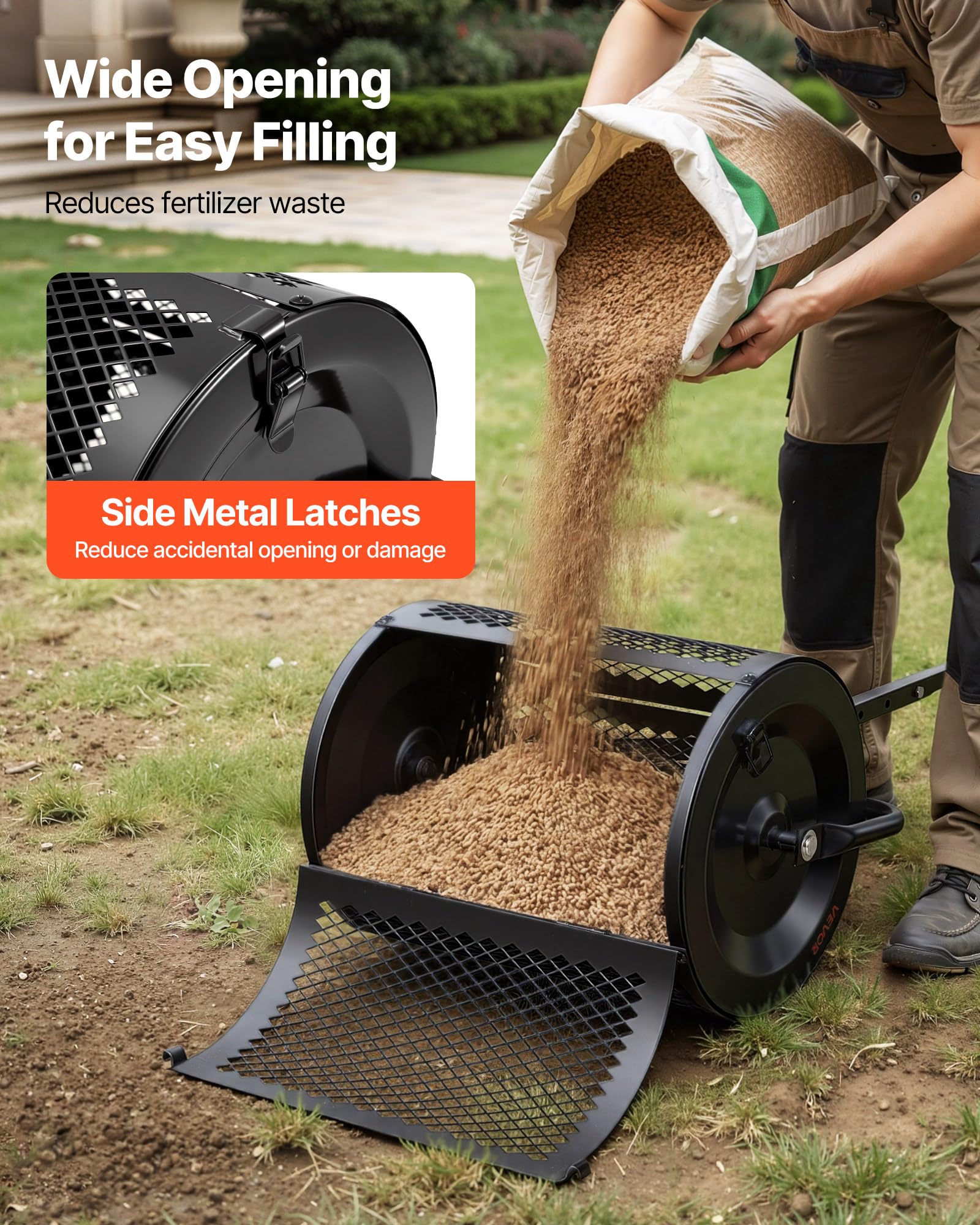 VEVOR Rouleau Épandeur à Compost 42 cm Épandeur Mousse de Tourbe à Rouleau Treillis pour Épandage Gazon Fumier Sel de Déneigement, avec Poignée en T, 3 Hauteurs Réglables, en Acier Thermolaqué, Noir