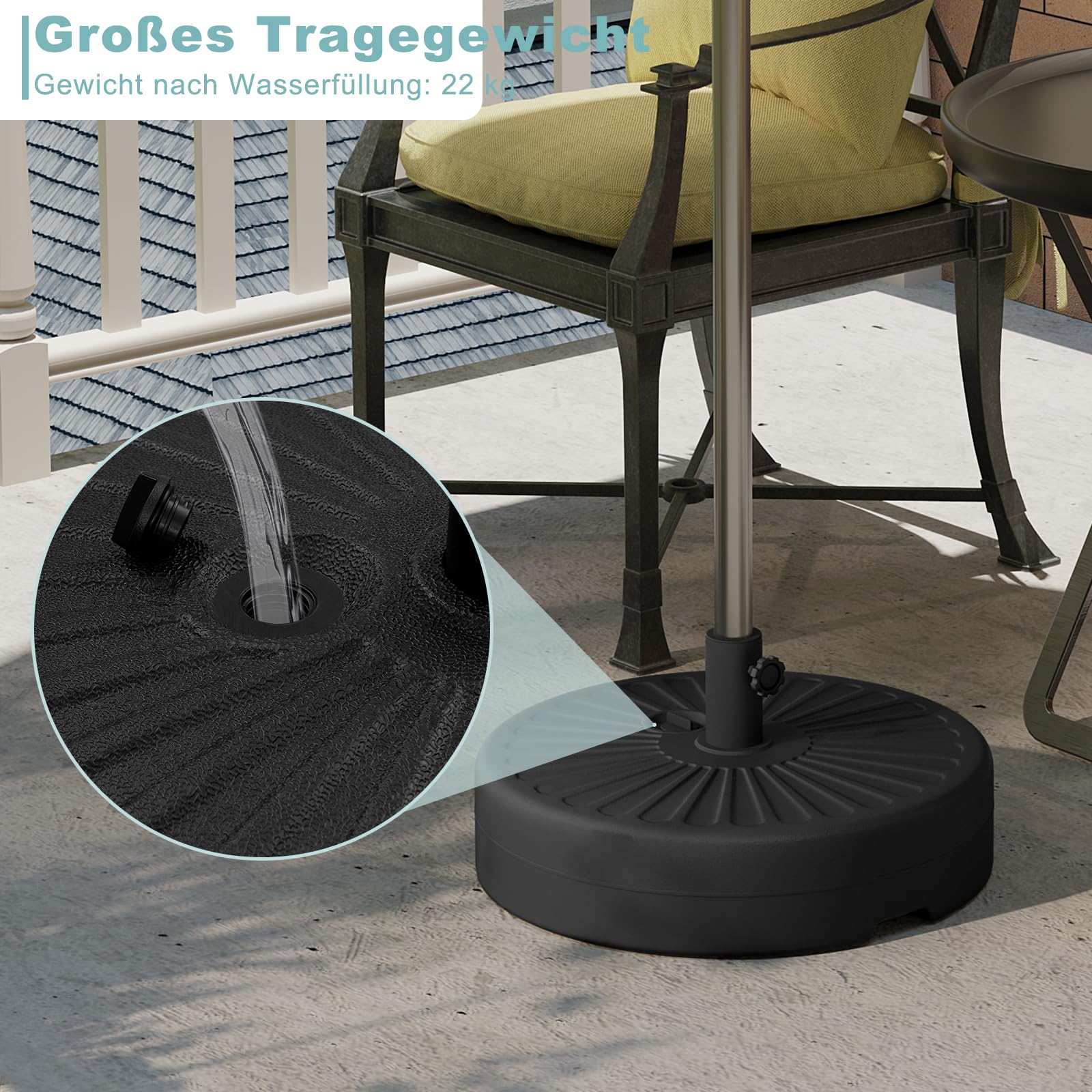 WOLTU Sonnenschirmständer rund 22 L, befüllbar mit Wasser oder Sand, Schirmständer aus HDPE, Sonnenschirmfuß für Schirmstöcke Ø 38-48 mm, inkl. Adapterhülsen, Schwarz
