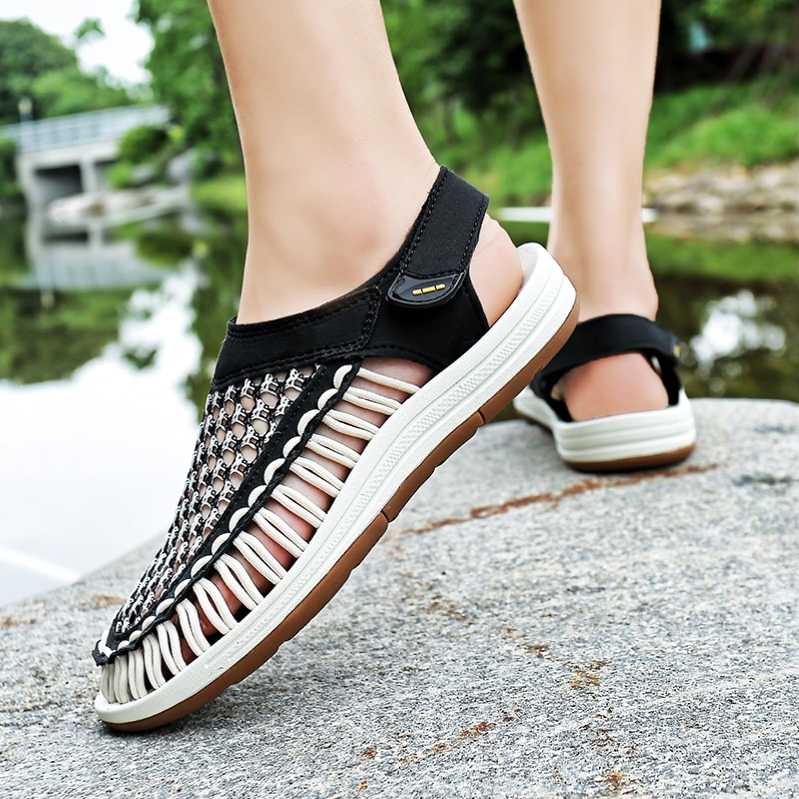 Sandalias De Verano La Moda Los Hombres Casual Al Aire Libre Apuestas Playa Tejidas A Mano Tamaño Grande para Hombres-black-46