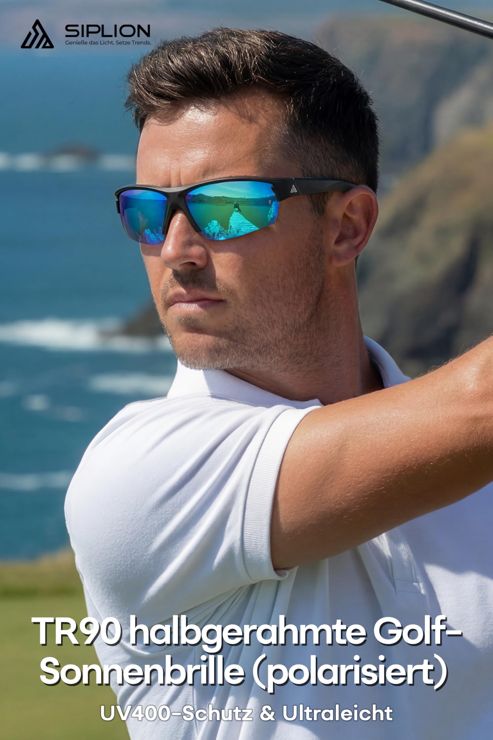 SIPLION Polarisiert Sonnenbrille Herren Sport: UV400 Schutz TR90 Rahmen Rutschfest Umschließend für Angeln Golf Laufen Fahren