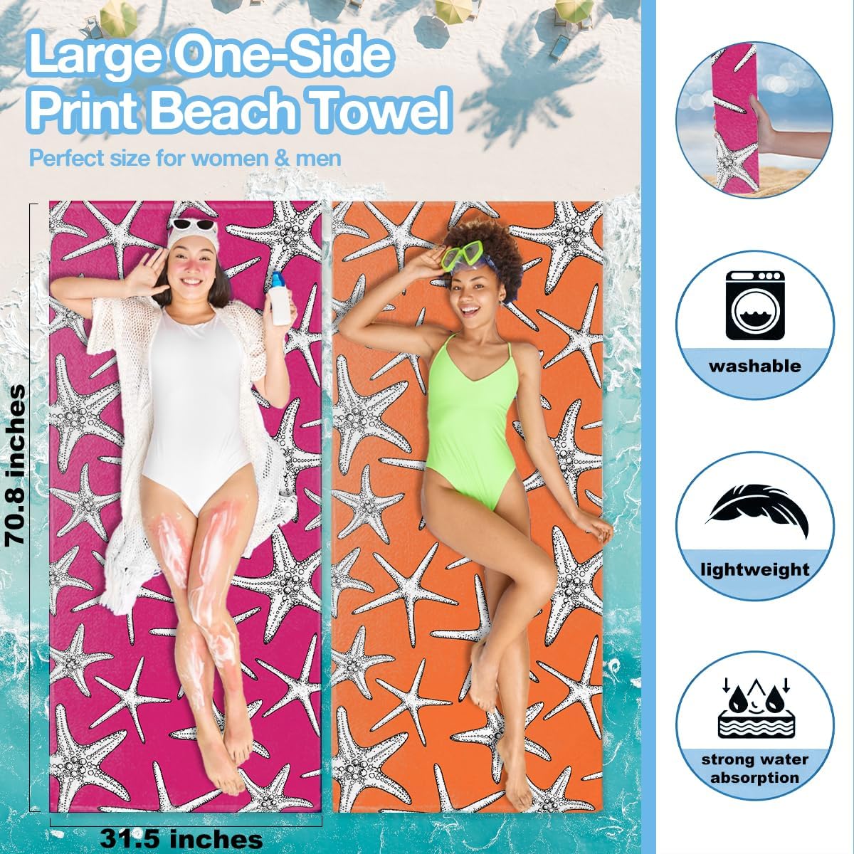 4 Pack Colorful Starfish Beach Towel Microfiber Soft Quick Dry Oversized Swim Towels Beach Accessories Necessities for Pool Camping Travel Girls Trip Weekend Bachelorette Party Favors 32x71 inch
