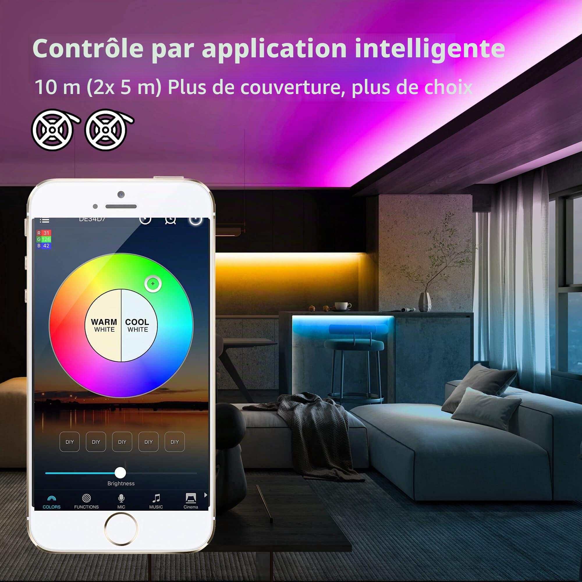 Kit de bande LED WiFi RGBW 10m,contrôle intelligent par application RVB + bande lumineuse blanche chaude changeant de couleur, synchronisation musicale des bandes LED,commande vocale