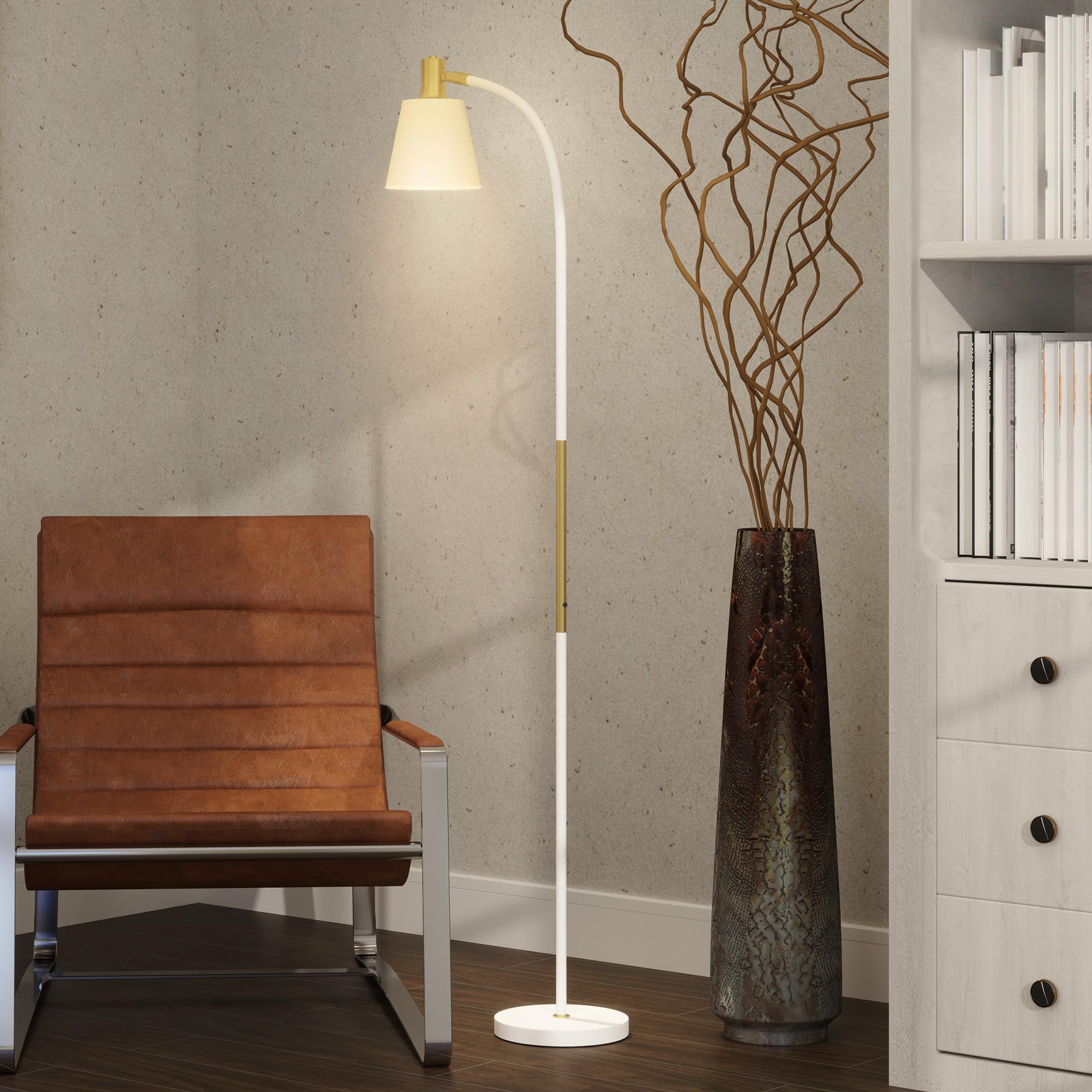 HOMCOM Lámpara de Pie LED con Altura Ajustable Pantalla Blanco y Dorado | Lámpara de Pie Salón, Interruptor Basculante, para Sala de Estar Oficina Dormitorio