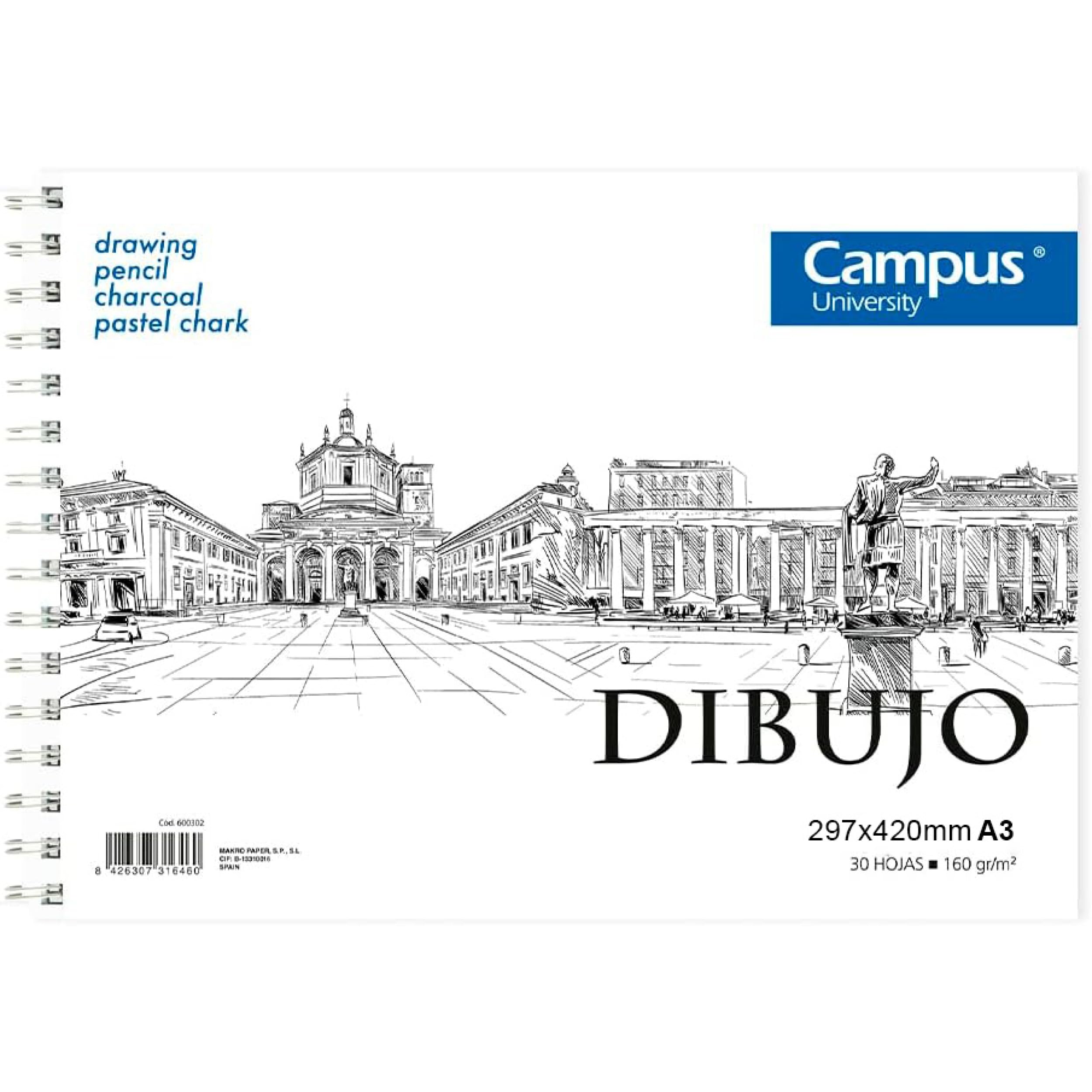 Campus University - Bloc de Dibujo A3 Cuaderno de Bocetos con Espiral 30 Hojas 160 gramos en Blanco para Carboncillo, Lápiz, Ceras o Pastel