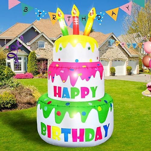 Miniatura 1 de DearSun Pastel inflable de cumpleaños de 4 pies de alto, pastel de cumpleaños inflable con velas iluminadas, 6 luces LED en el interior para