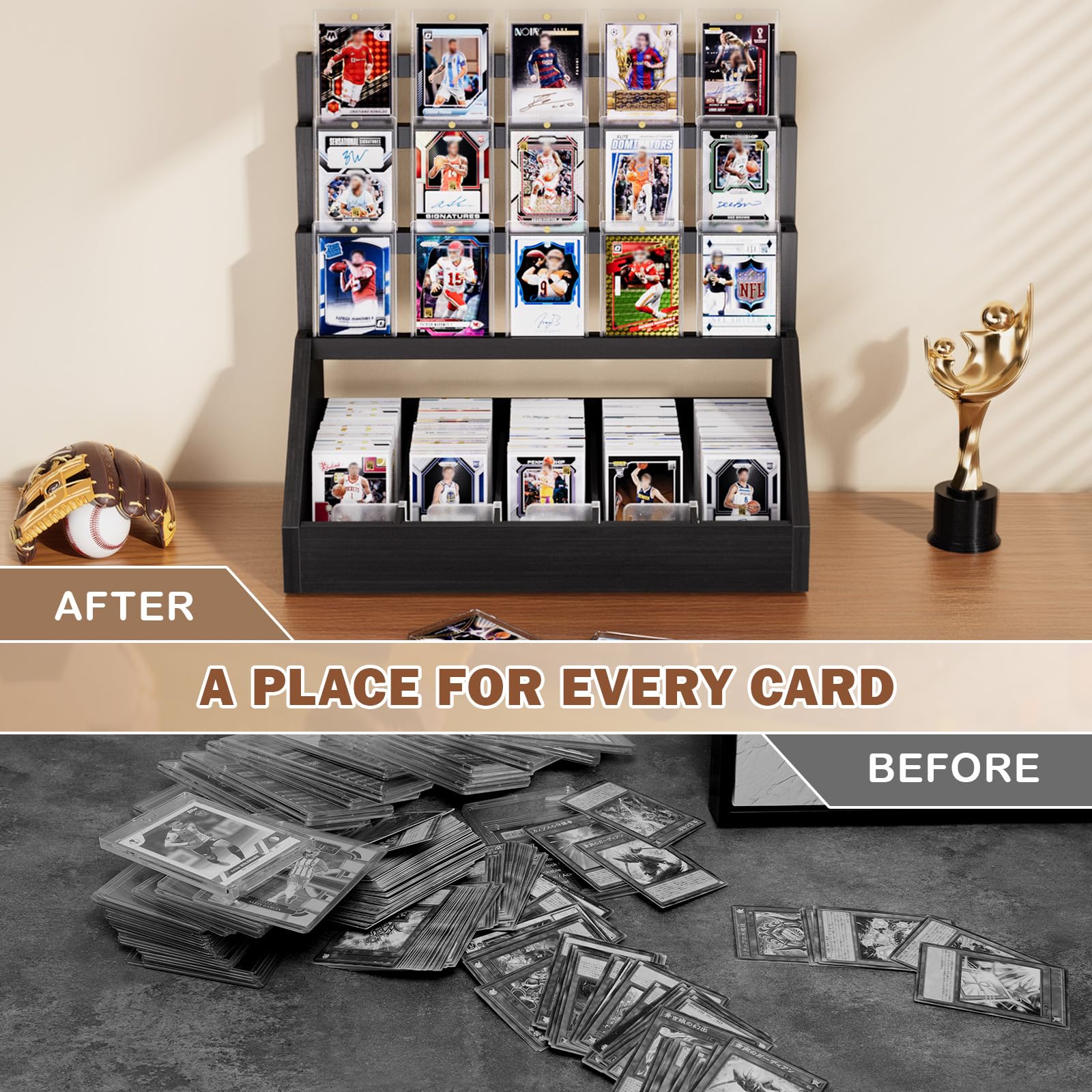 Espositore per carte da collezione a 4 ripiani, in legno, per carte sportive classificate, carte da baseball, piani da tavolo, per collezioni di carte sportive e mostre (nero)