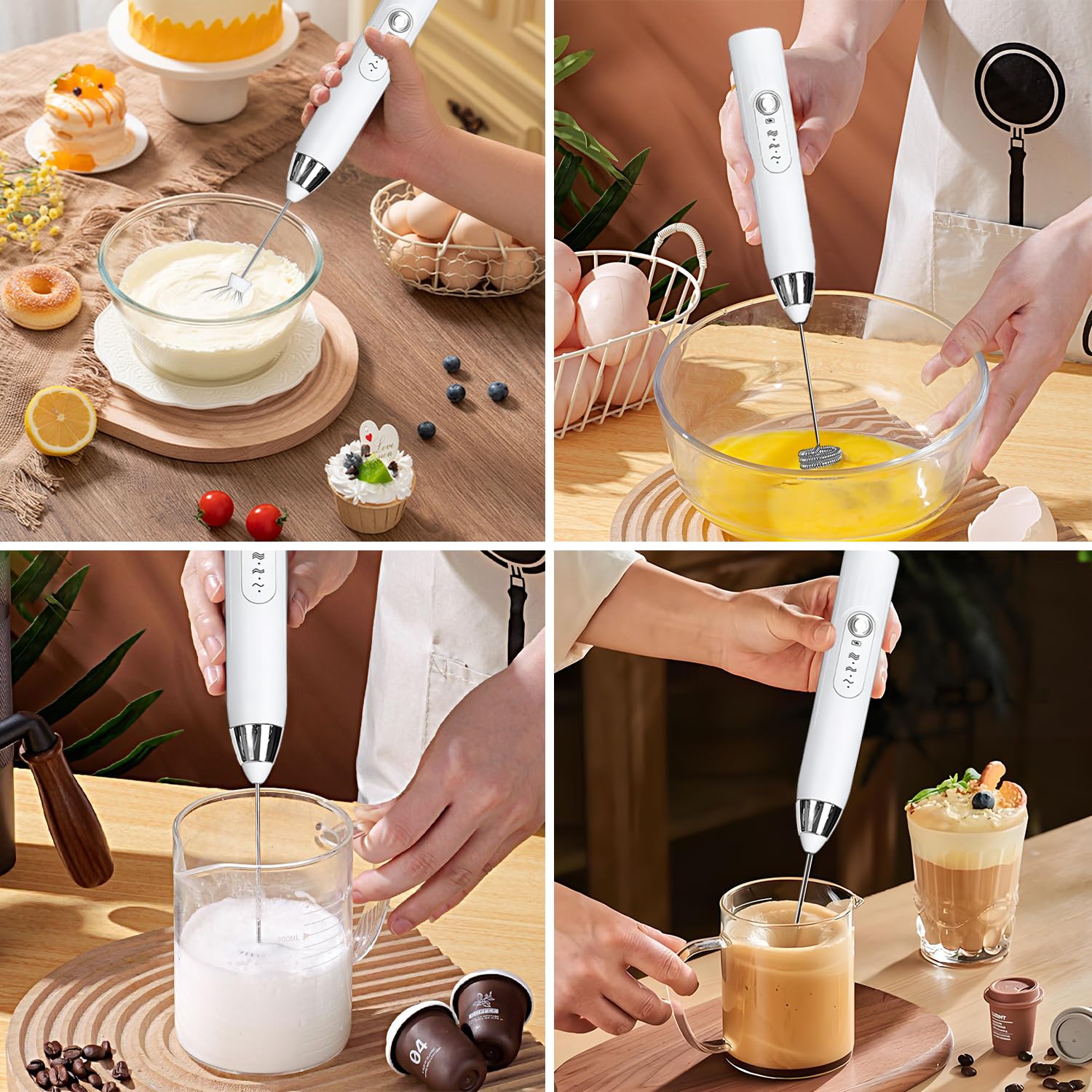 Montalatte Elettrico USB Ricaricabile, Frusta Acciaio Inossidabile 3 Velocità Regolabile, Cappuccinatore Elettrico per Latte per Caffè, Latte, Cappuccino, Bianca