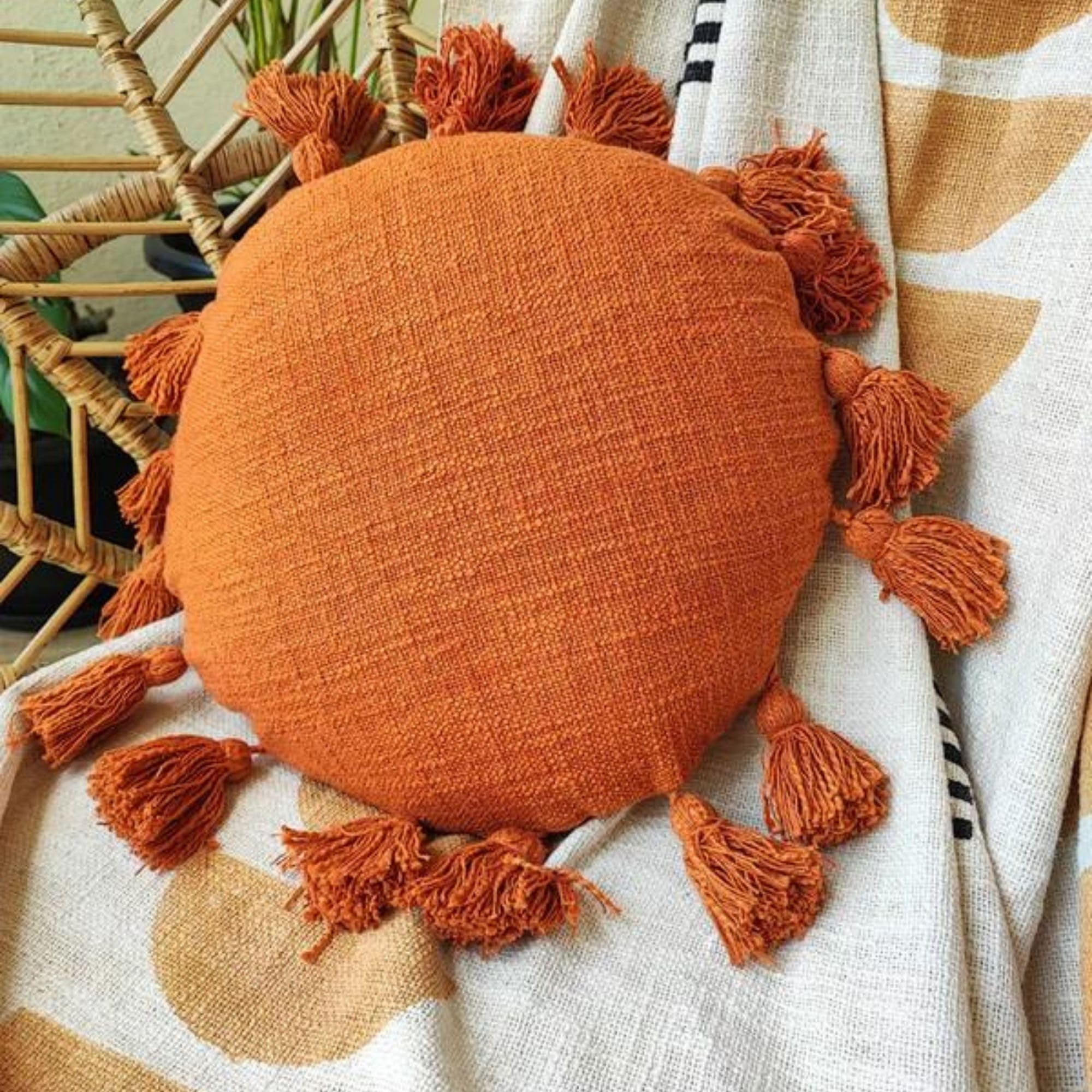 Hyppy Rust Sia Sunshine Cushion Cover | Rust Boho Pillow Cover Soft | 14 Inches Diameter | Round | Perfect for Living Room Decor | Premium 100% Cotton | Home Decor |