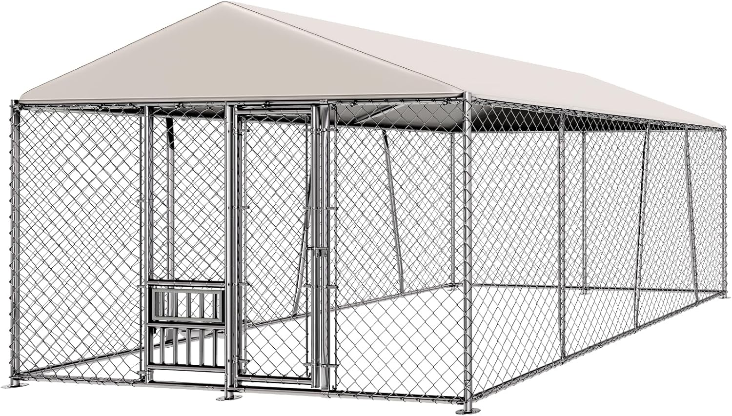 lyromix 10 x 15ft large outdoor dog kennel with bowls, dog kennel outside with waterproof cover roof, galvanized heavy duty chain link dog runs cage playpen for outside with secure lock 180.0"l x 120.0"w x 84.0"h kennel-3th