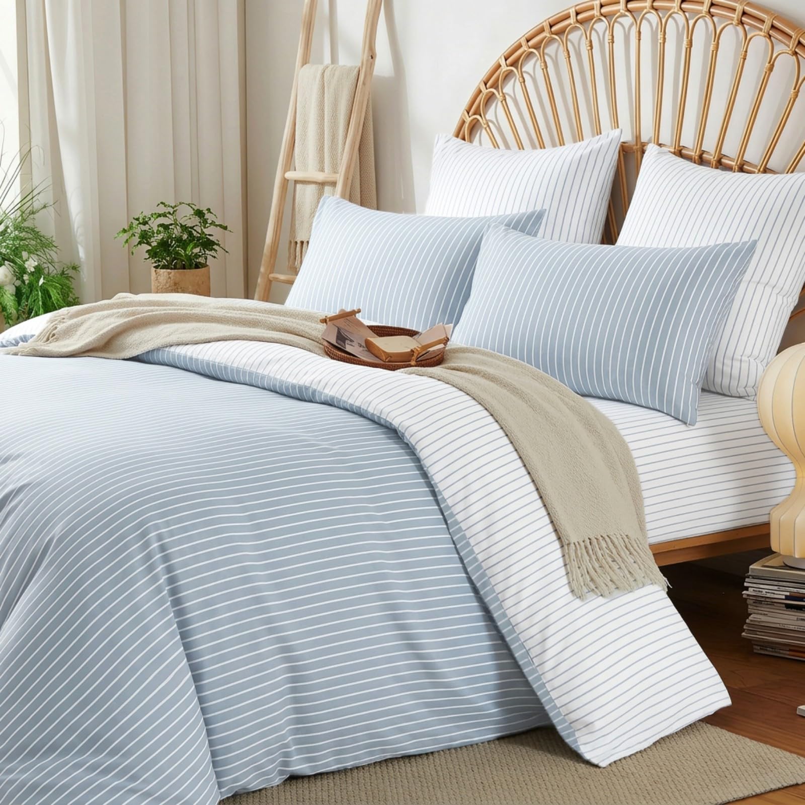 Freyamy Gestreifte Bettwäsche 155x220 Baumwolle Blau Weiß Gestreift Bettwäsche-Sets Aesthetic Streifen ÖKO-TEX Bettbezug 155x220 Deckenbezug mit Reißverschluss und 1 Kissenbezug 80x80cm