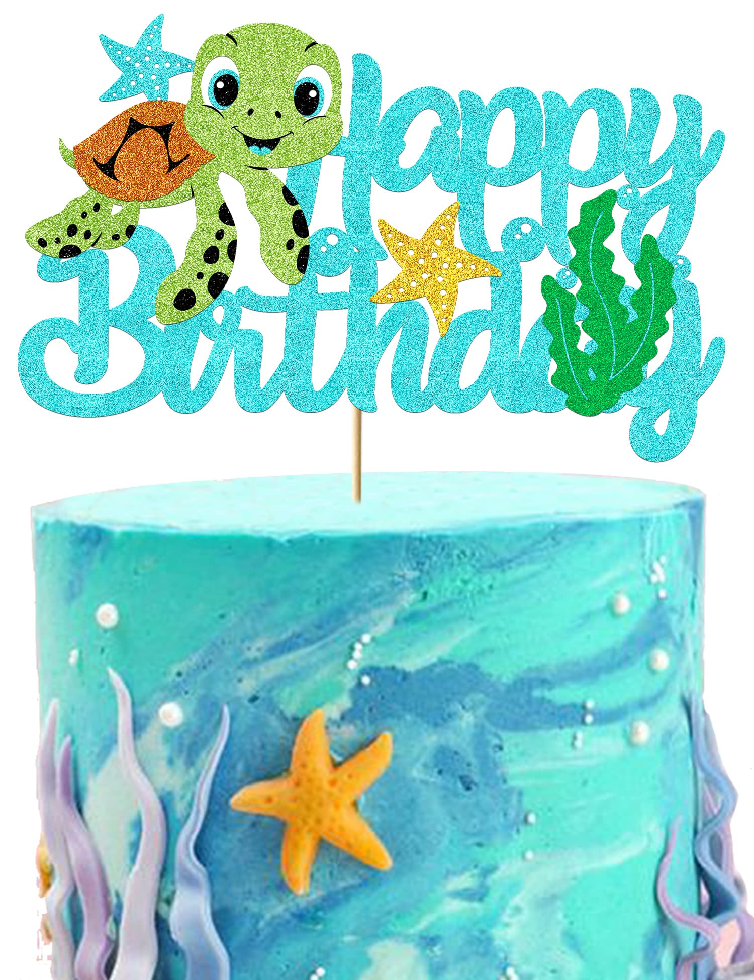 Turtle Cake Topper Sea Turtle Happy Birthday Cake Decorations for Boys Girls Glitter Turtle Theme Party Decoration Supplies