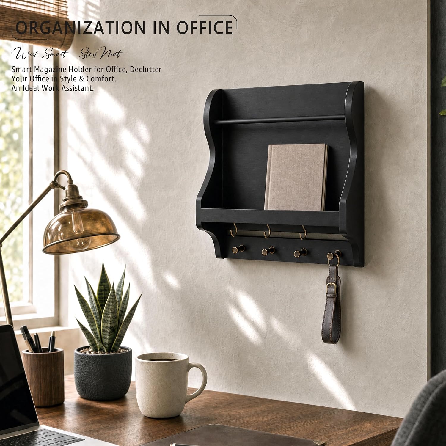 Pine Wood Mail Organizer Wall Mount with 7 Key Hooks for Home Decor, Black image 3