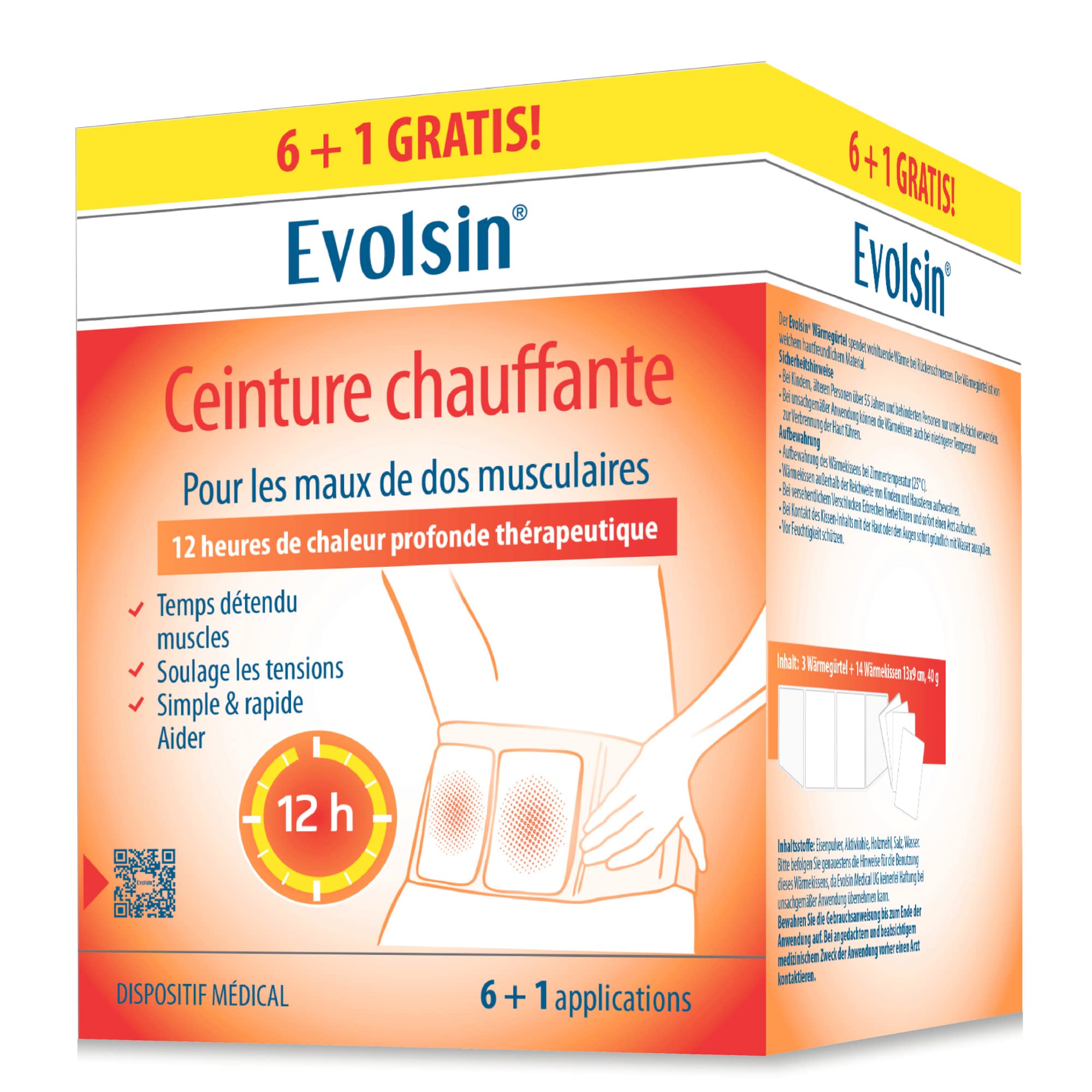 Evolsin - Ceinture chauffante médicale pour le traitement des douleurs musculaires du dos - 12h de chaleur thérapeutique profonde pour détendre et relâcher les muscles (6 + 1 applications)
