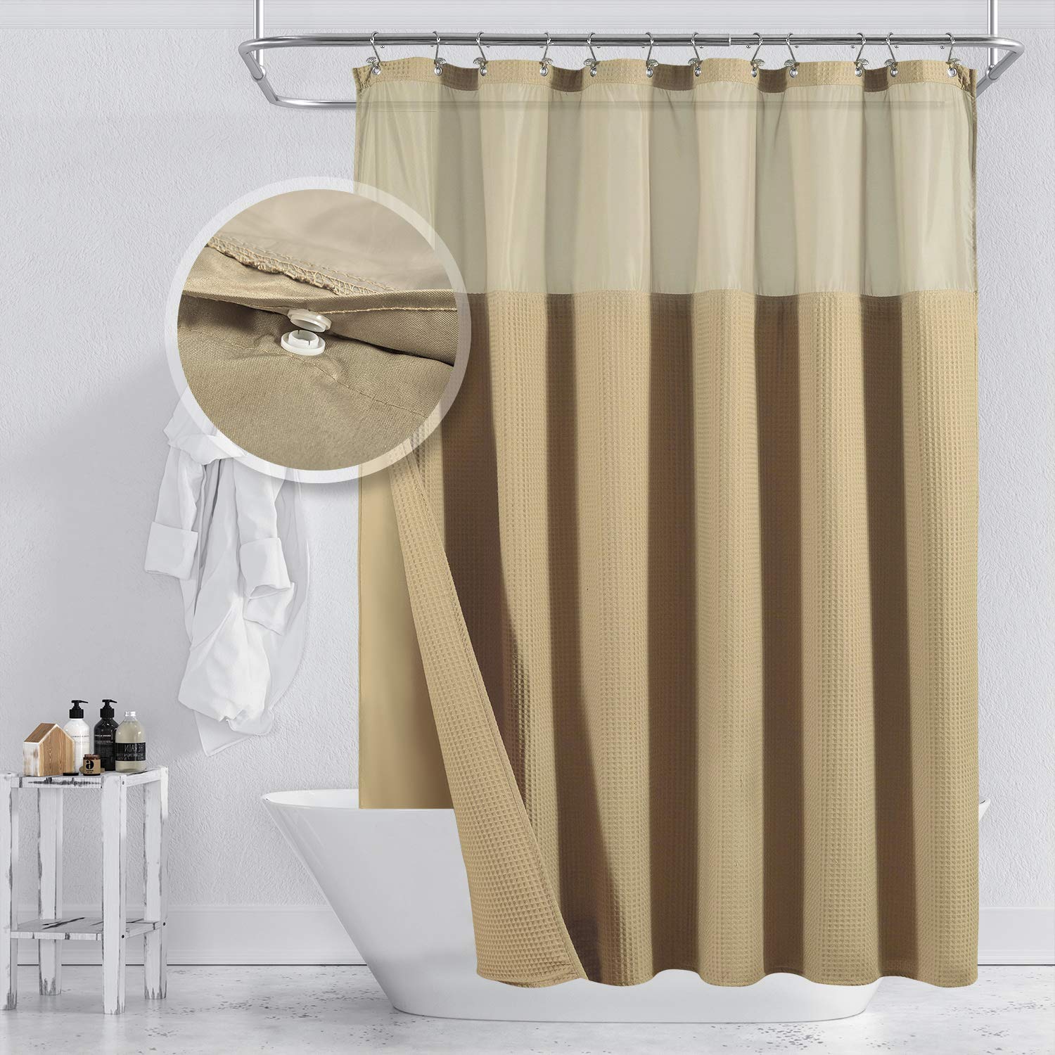 Barossa Design Cortina de Ducha de Mezcla de algodón con Forro de Tela a presión, SPA de Lujo para Hotel, Ventana Superior de Malla, Lavable a máquina, Lino, 71 x 72 Pulgadas