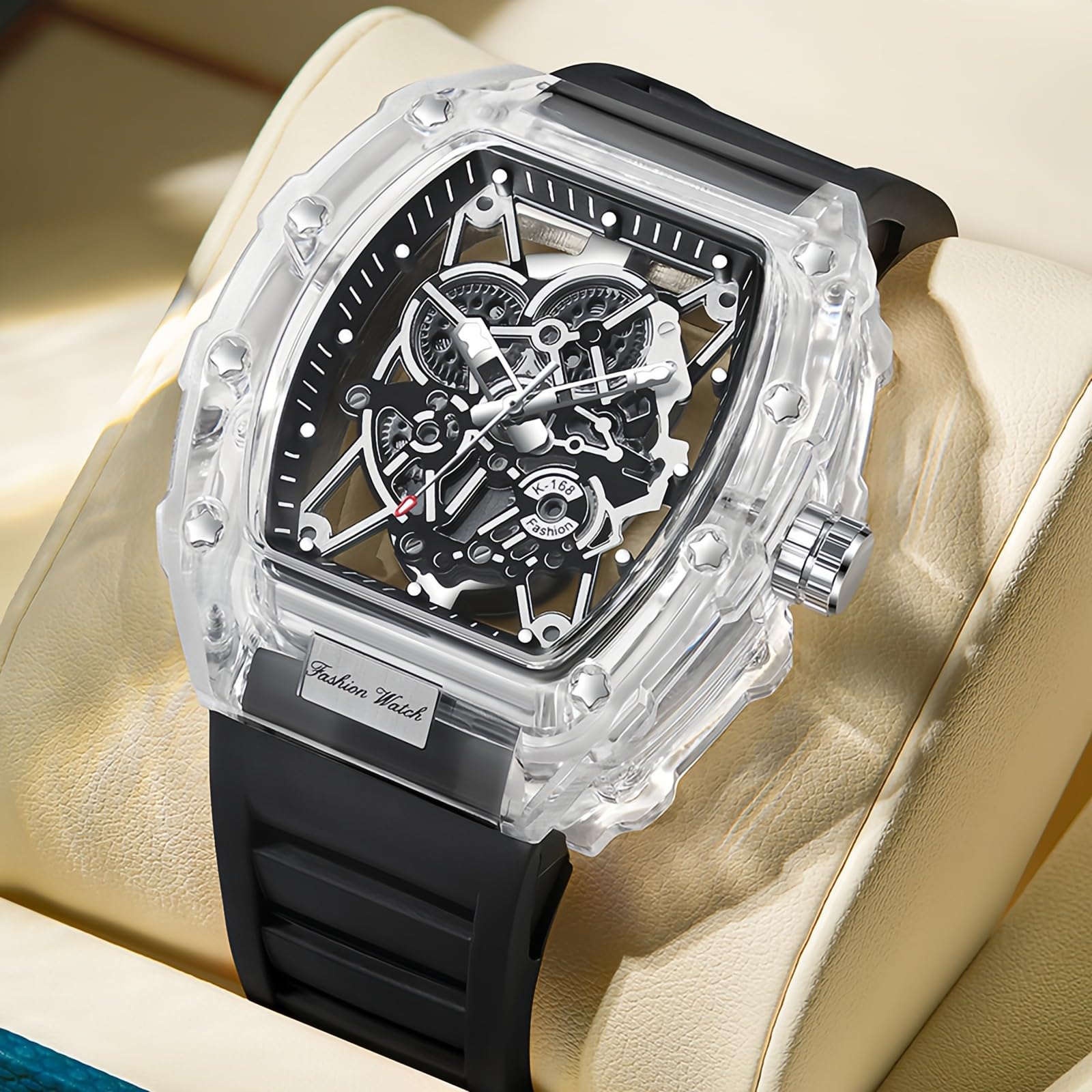 Gosasa Tonneau - Reloj de pulsera para hombre con pantalla analógica transparente, correa de silicona, calendario, cuarzo, impermeable, tendencia masculina