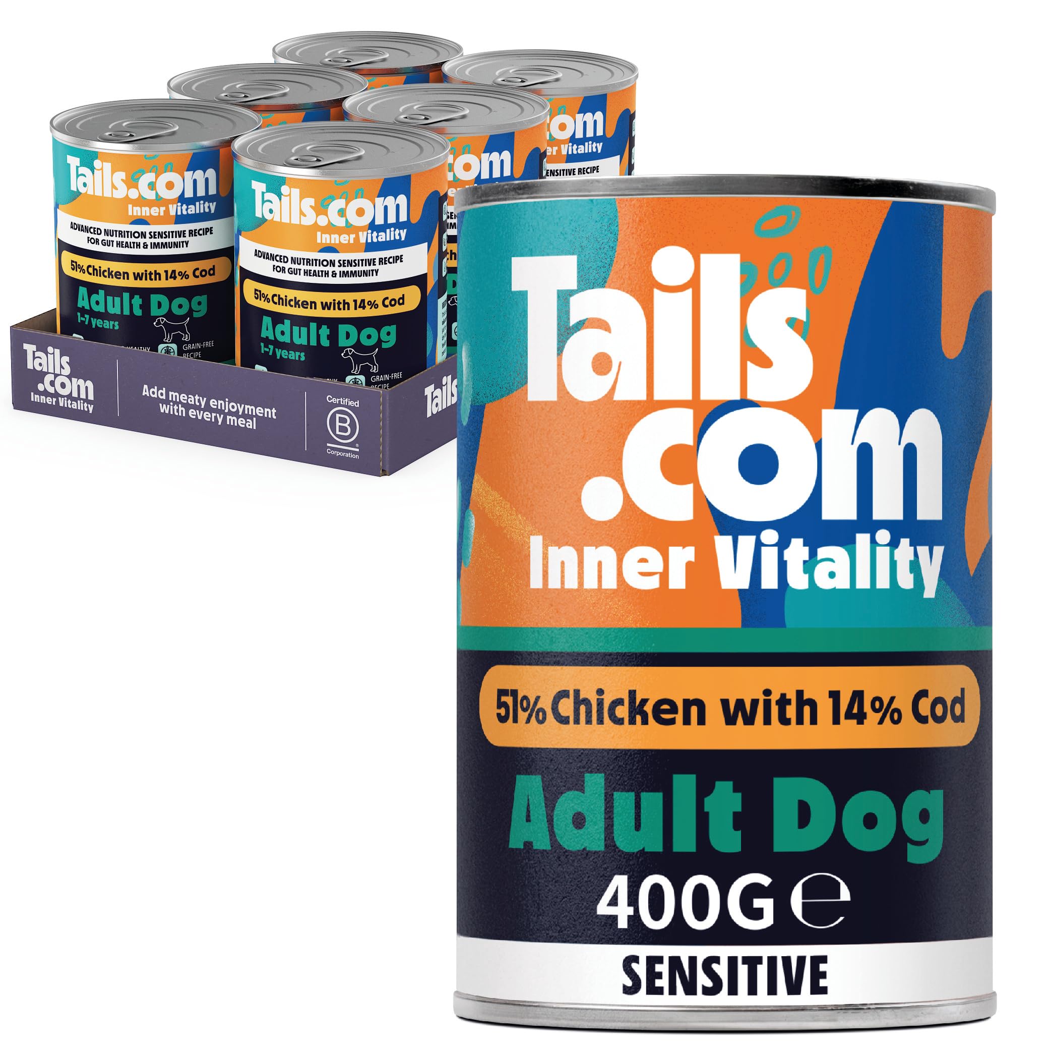 Tails.com • Wet Dog Food 6 x 400g • Sensitive Chicken & Cod • Adult 1-7 years • Grain Free Recipe • Made with natural ingredients • Contains Omega 3 to Support Skin and Coat