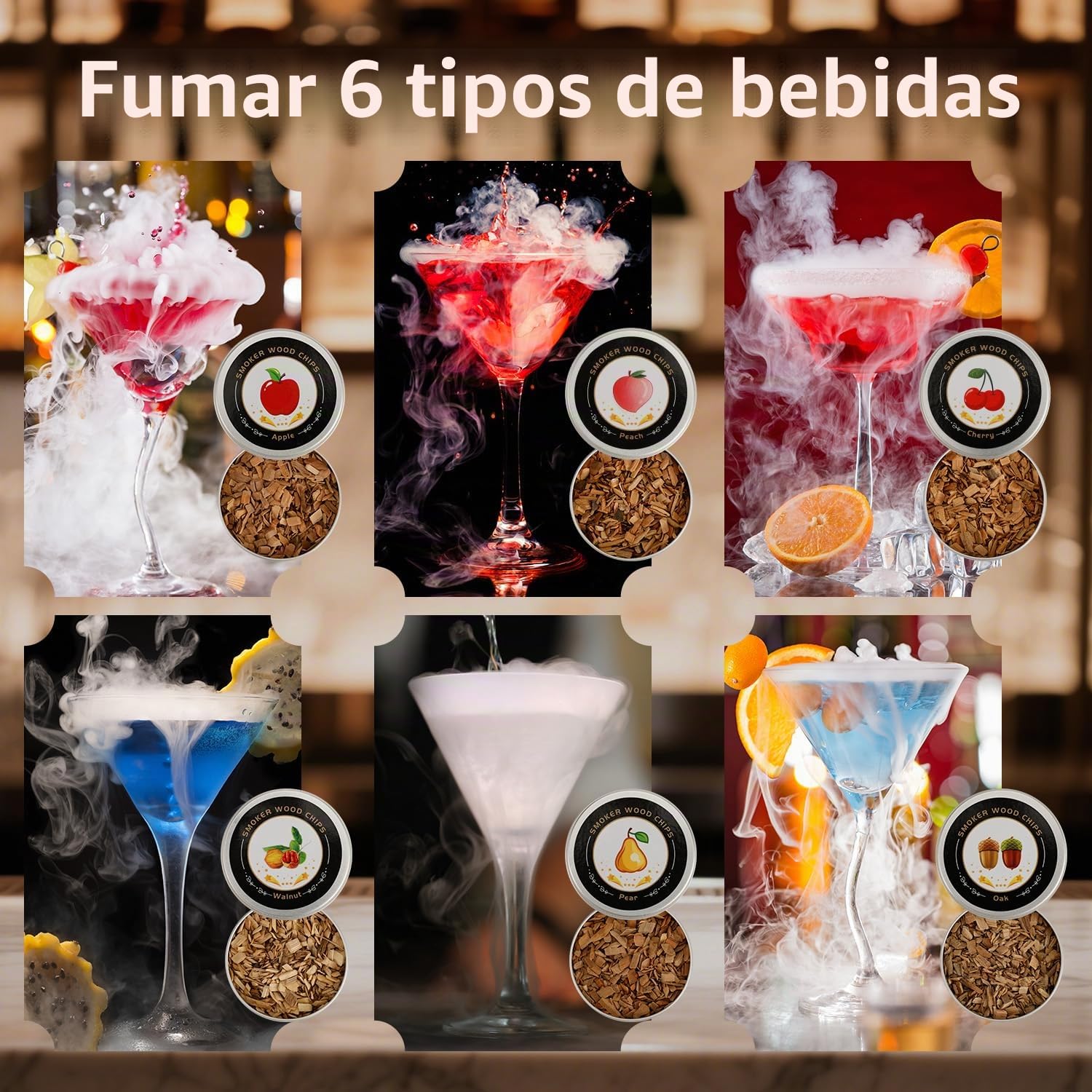 Kit de ahumador de cóctel con antorcha, 6 sabores, chips de madera, 2 vasos, 2 moldes de bolas de hielo, kit de infusor de ahumador de whisky, kit de ahumador de bebidas antiguas, regalos de whisky