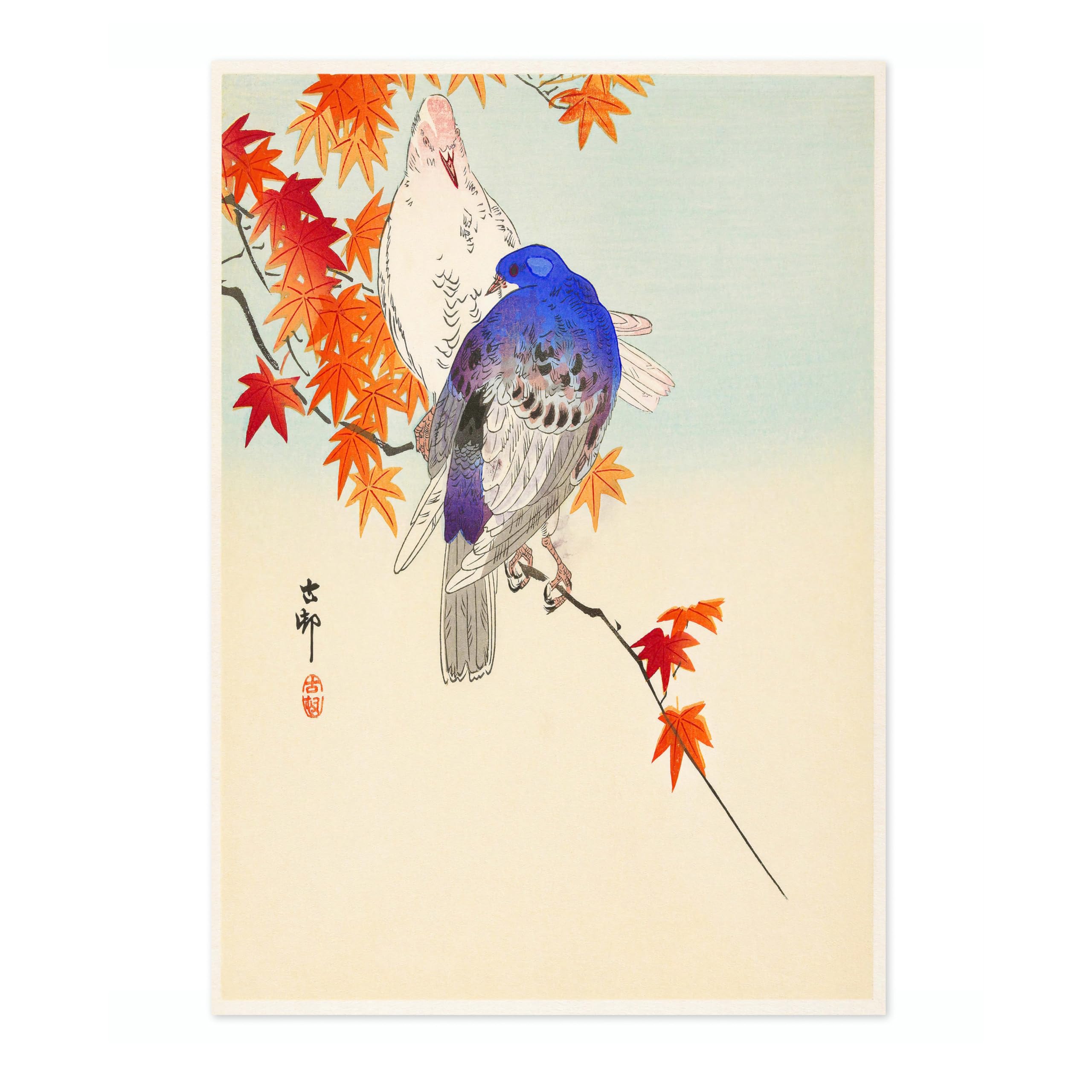 Two Pigeons On Autumn Branch Ohara Koson Poster, Japanese Woodblock Ukiyo-E Print, Vintage Bird Art Picture Animal Painting Wall Art, Japan Birds Home Decor, A5 (Print Only) - 21x14.8cm — image 1