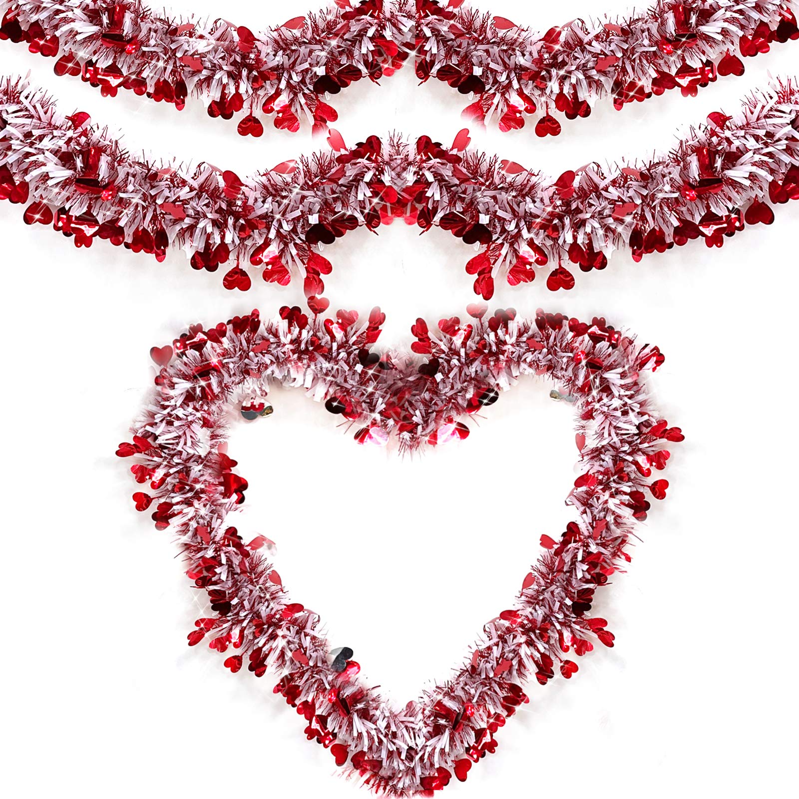 TURNMEON Valentines Heart Red Tinsel Garland Decorations Twist Garland Metallic Streamer Valentine's Day Decorations for Home Tree Indoor Outdoor Wedding Hanging Decor (33 Feet.)