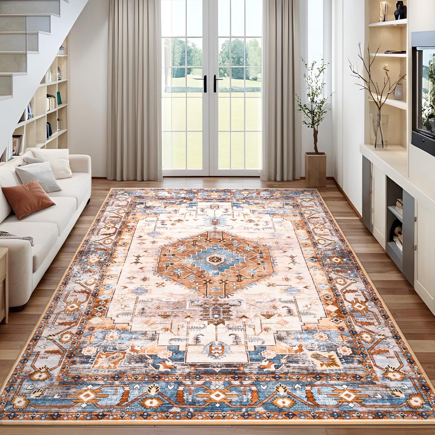 Area Rugs for Living Room, 5x7 Washable Rug Non Slip Vintage Rugs for Bedroom Dining Room, Low Pile Foldable Indoor Rug for Nursery, Kitchen, Office Home Decor, Orange