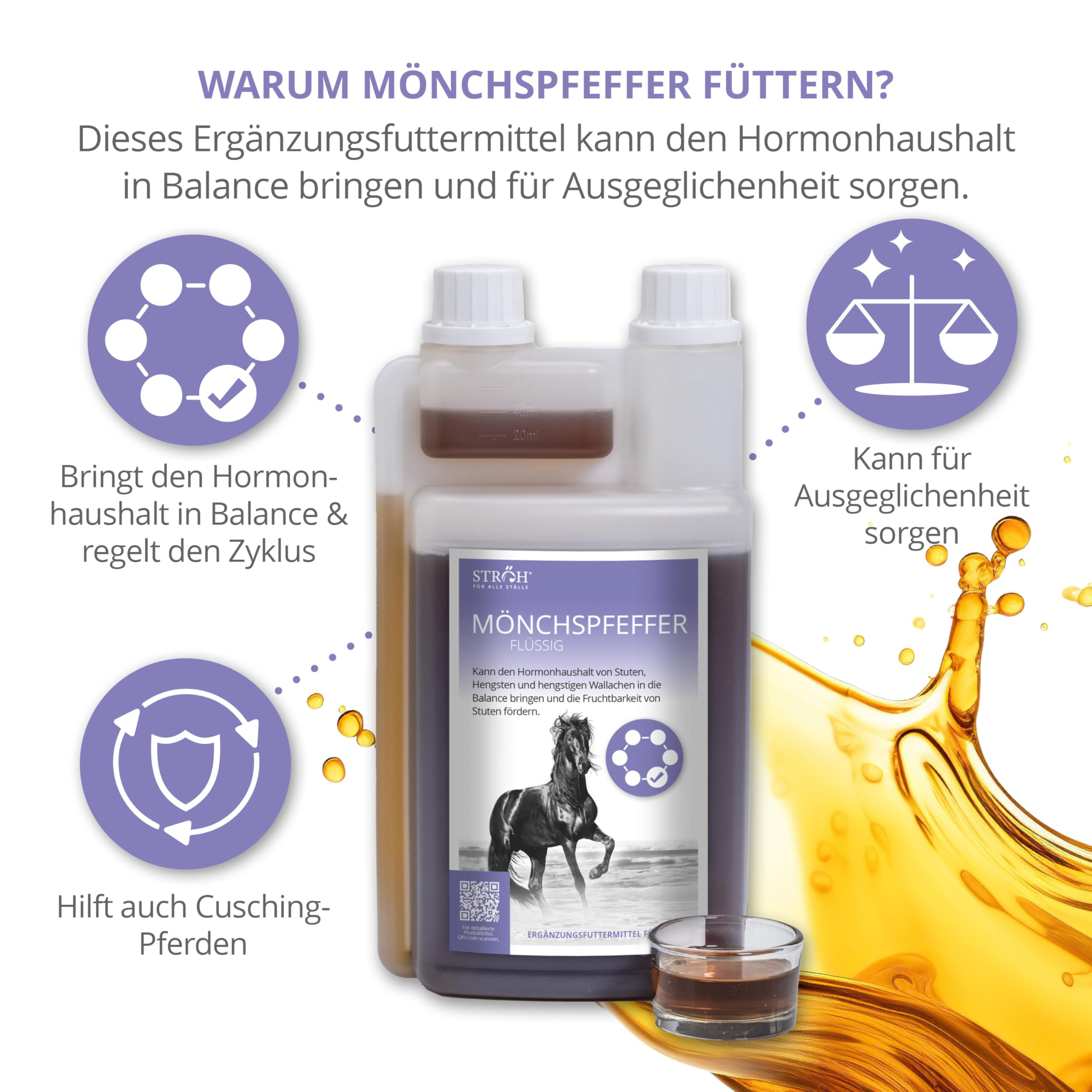 STRÖH Pimienta monje para caballos (1 l líquido en botella dosificadora) • Para un equilibrio hormonal estable en caballos • Especialmente adecuado para yeguas, sementales y castrados sementales •