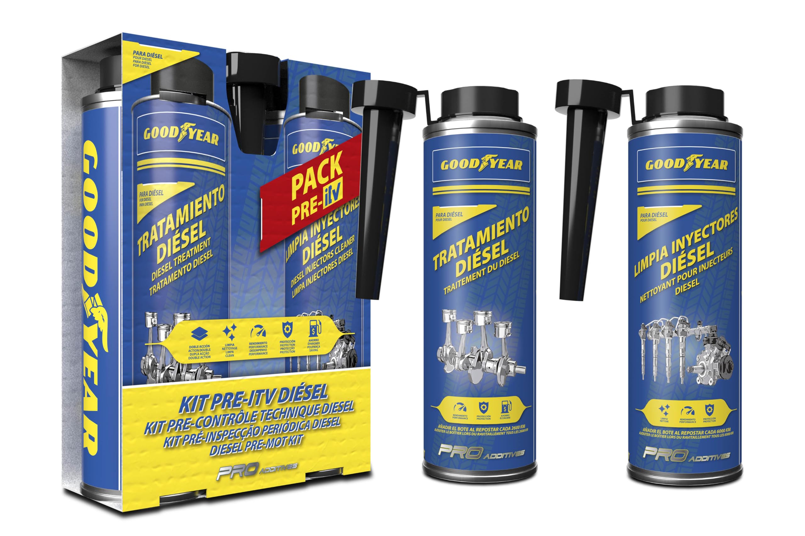 Goodyear Pro Additives Kit di pre-ispezione diesel con detergente per iniettori, Additivo per gasolio 300+300 ml