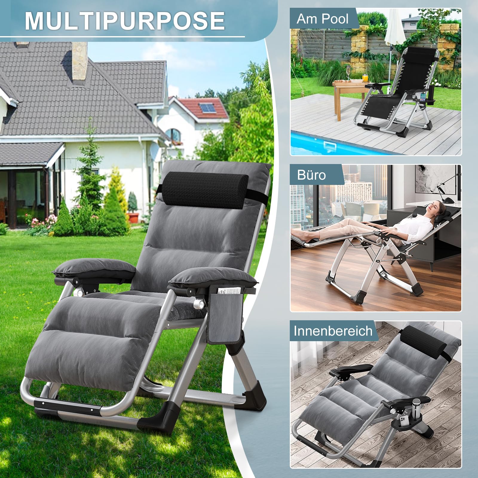 MOPHOTO Zero Gravity Chaise inclinable Pliante avec Coussinet et Poche latérale, Charge de 200 kg, Parfaite pour la Sieste, Le Salon, Le Balcon, Le Jardin, la terrasse（Gris Clair）