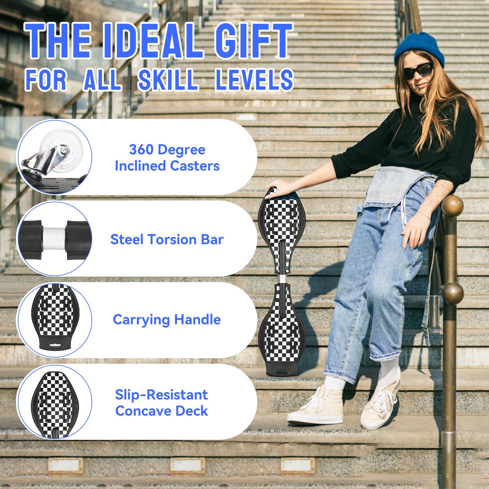 Simcat Caster Board, 2 Wheel Pivoting Skateboard with 360-degree Casters, Lightweight Durable Twistboard for Kids, Teenagers and Adults (2)