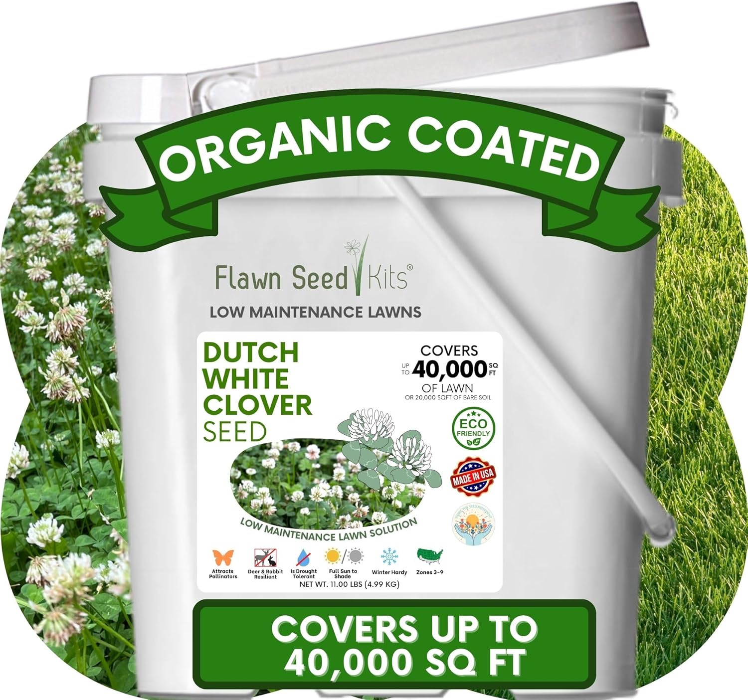 Flawn Seed Kits Dutch White Clover Seeds Organic Coated