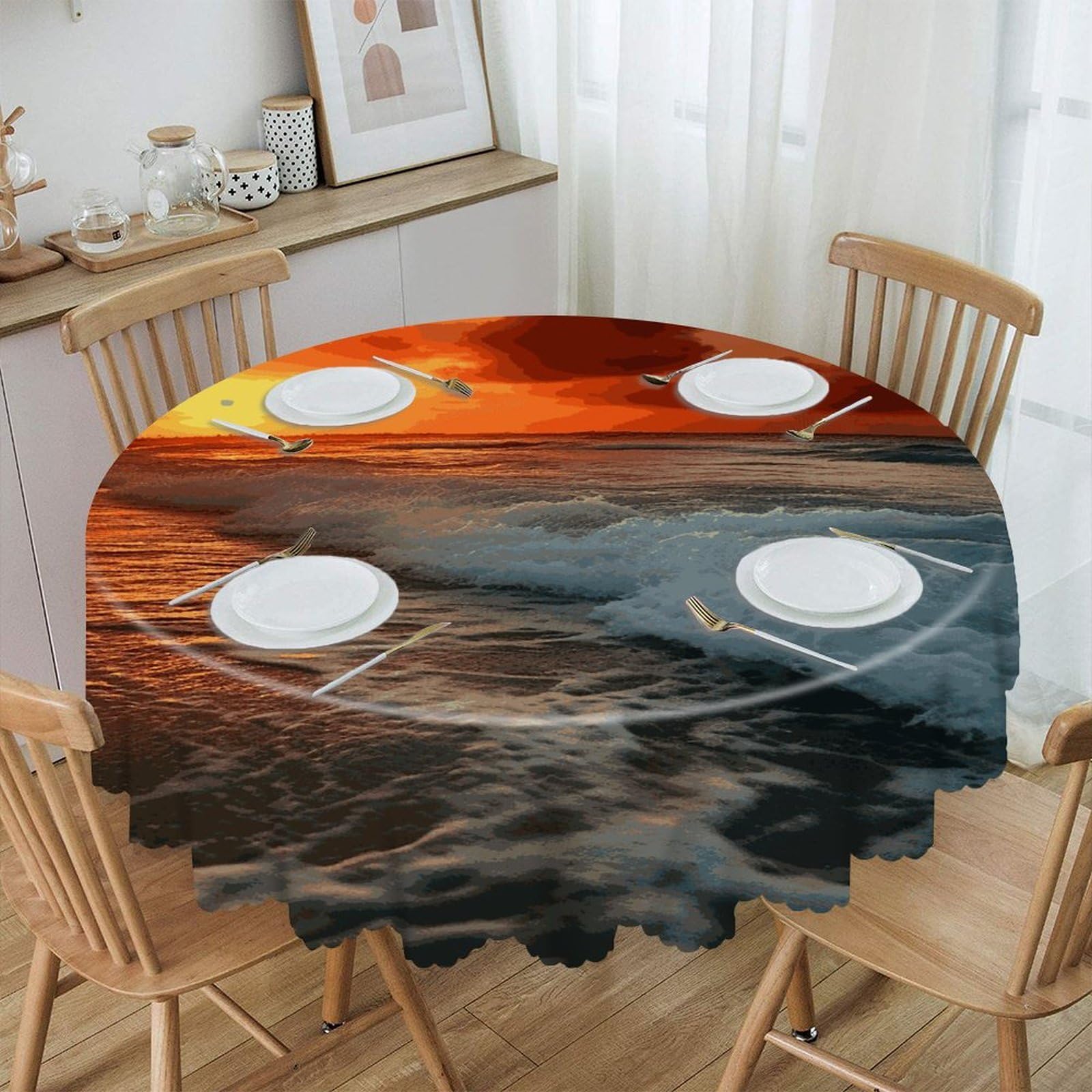 VstaDank The Beach Sunset Round Tablecloth 60 Inch Easy to Clean Circle Table Cover Thick Decorative Round Polyester Table Cloth for Dining Kitchen Party Farmhouse Outdoor
