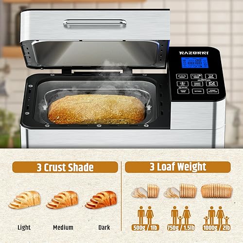 Miniatura 3 de Razorri Máquina para hacer pan de acero inoxidable con certificación UL, 25 en 1 con sartén antiadherente, máquina de pan casera de 2 libras, ajuste