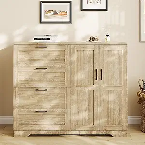 GarveeHome Multifunctional Wooden Dresser for Bedroom, 43.3'' H 2 Door Wardrobe Armoire Closet with 4 Drawers and Hanging Rod, Low Storage Cabinet for Hanging Cloth, Natural Oak