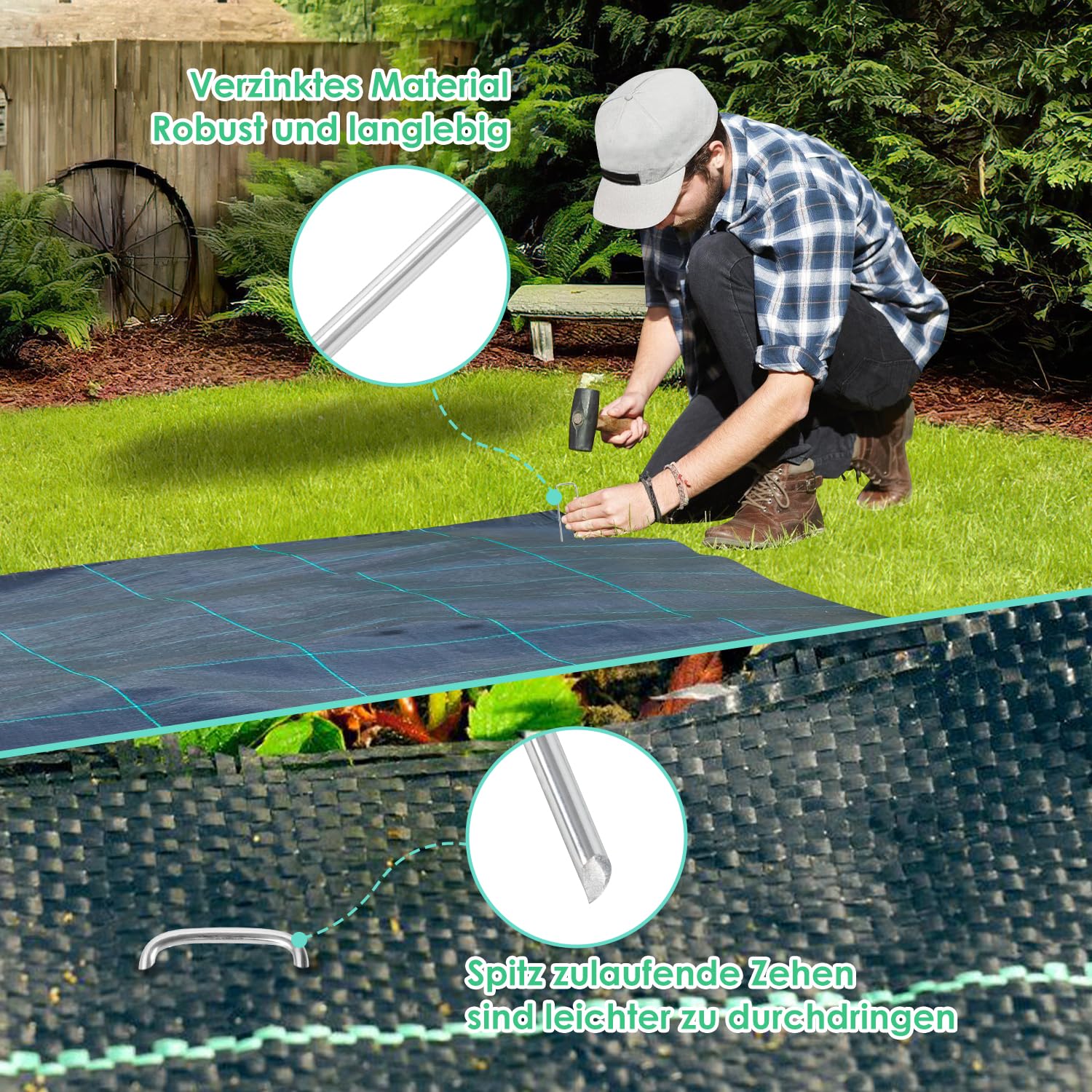 Lot de 300 chevilles de sol galvanisées de 150 mm de long, 25 mm de large, Ø 2,8 mm - Ancres de sol stables pour toile anti-mauvaises herbes, toile de jardin, clôture et filet - Ancres de