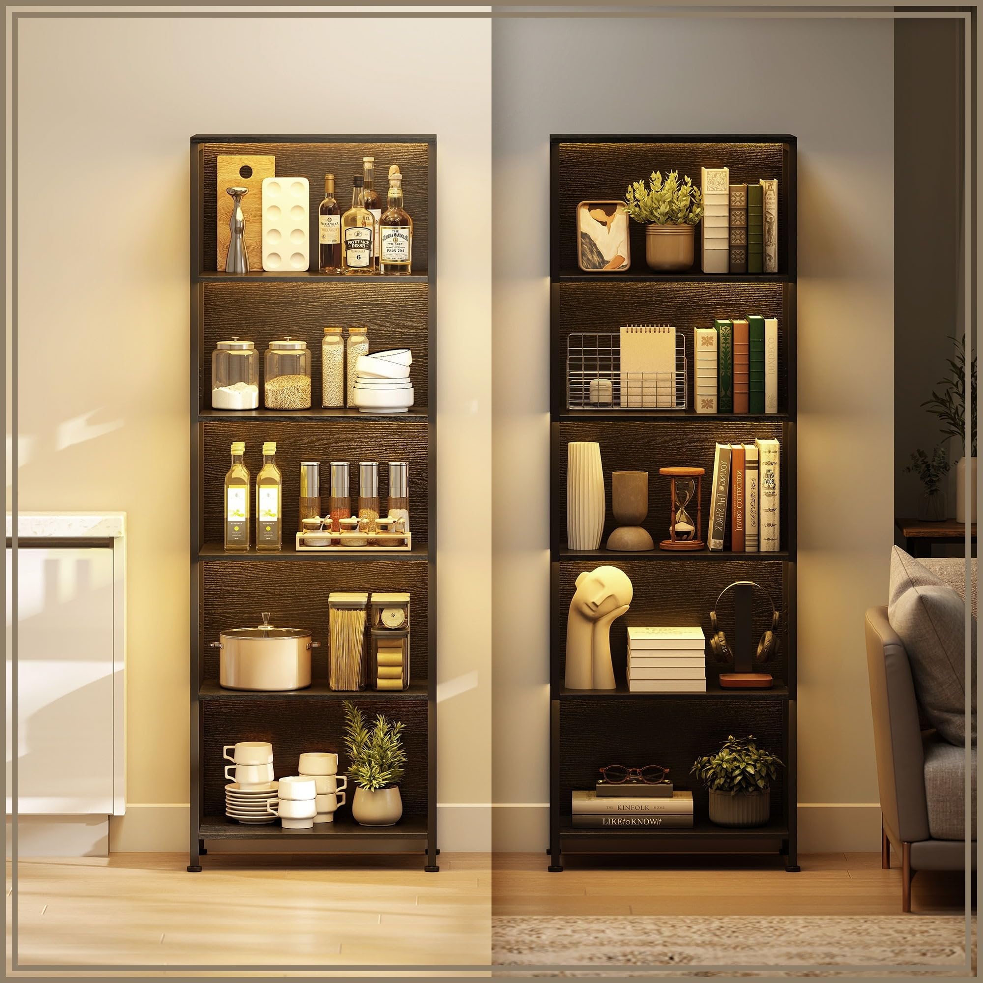 HOMCOM Libreria Scaffale a 5 Ripiani con Luci LED 60x30x179 cm Nero