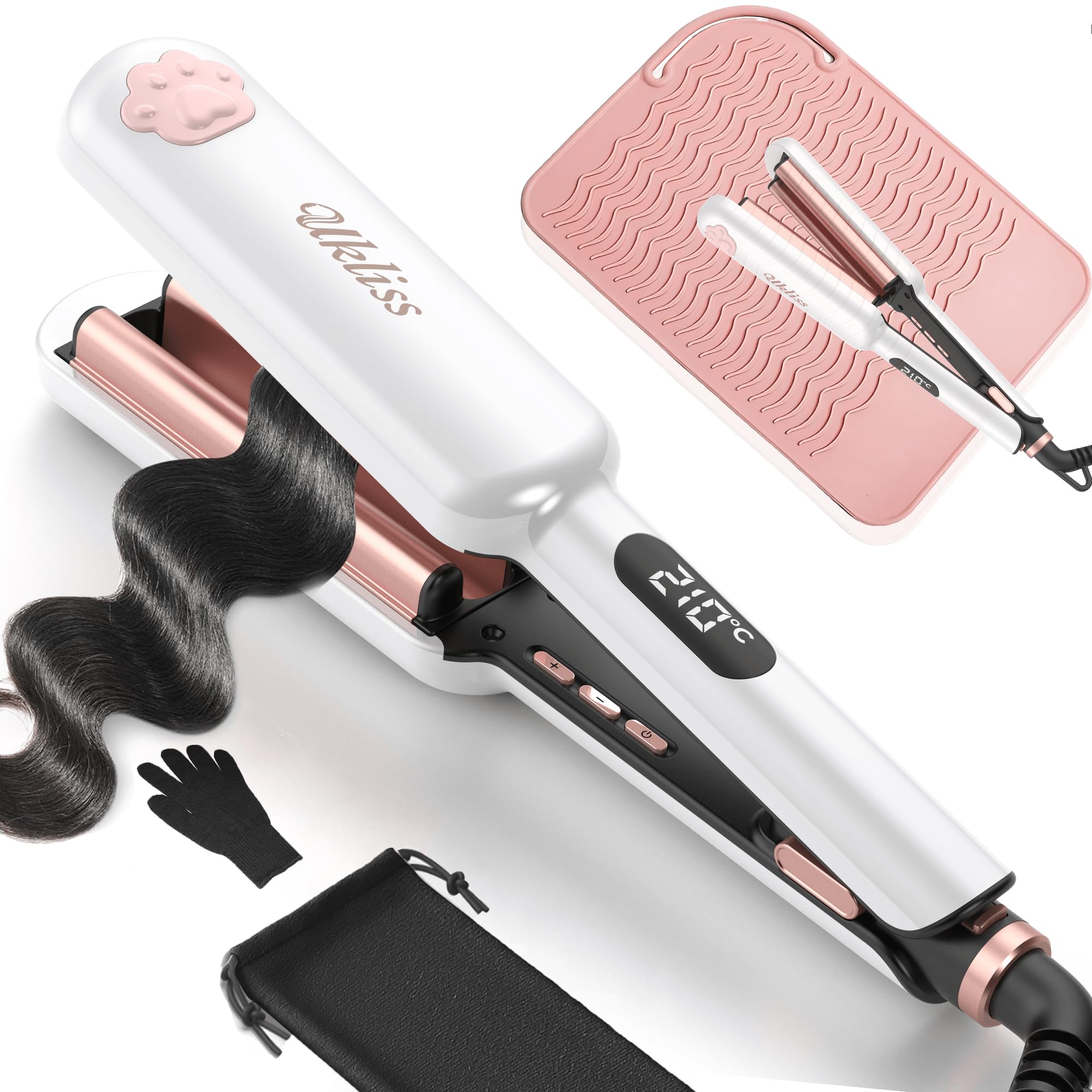 UKLISS Plancha ondulada, Pro Mini plancha ondulada para cabello, rizador de pelo grande, adecuado para principiantes, pantalla LCD [130-210℃], con alfombrilla de aislamiento térmico, guantes y bolsa