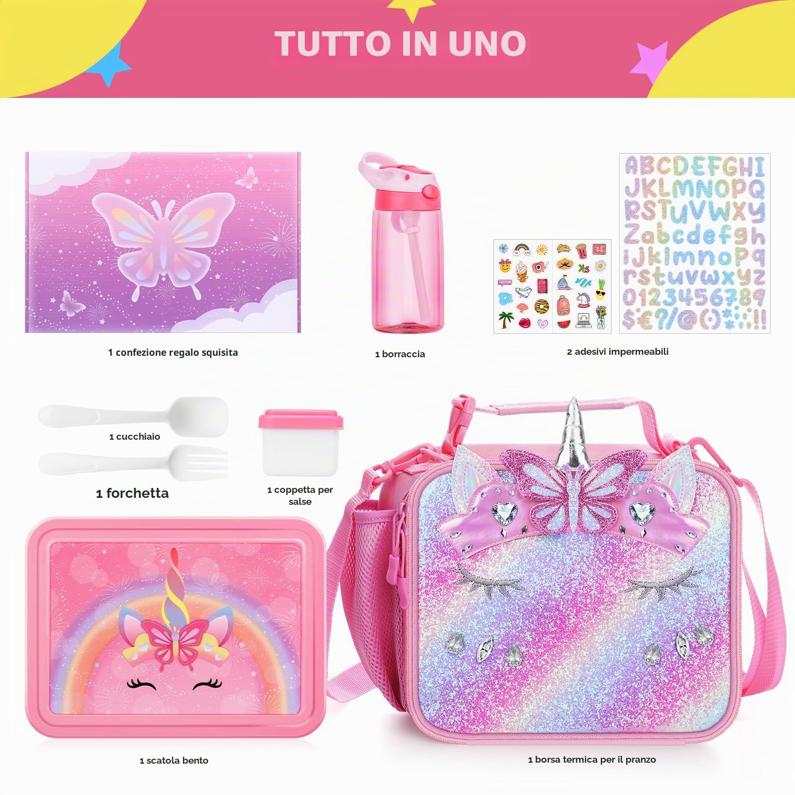 JYPS 3PZ Lunch Box Set, Borsa Termica Porta Pranzo, Bento Box, Borraccia per Bambini, Senza BPA Microonde e Lavastoviglie, con Cucchiaio e forchetta, Porta Pranzo con Scomparti per Scuola (Unicorno)