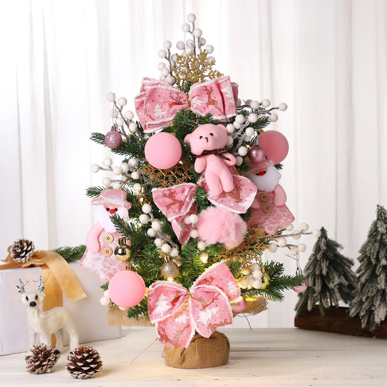 Vesici Mini sapin de Noël artificiel rose de 50 cm avec lumières DEL – Petit sapin de Noël artificiel avec ornements à suspendre – Ours Père Noël bonhomme de neige pour la maison, le bureau, la