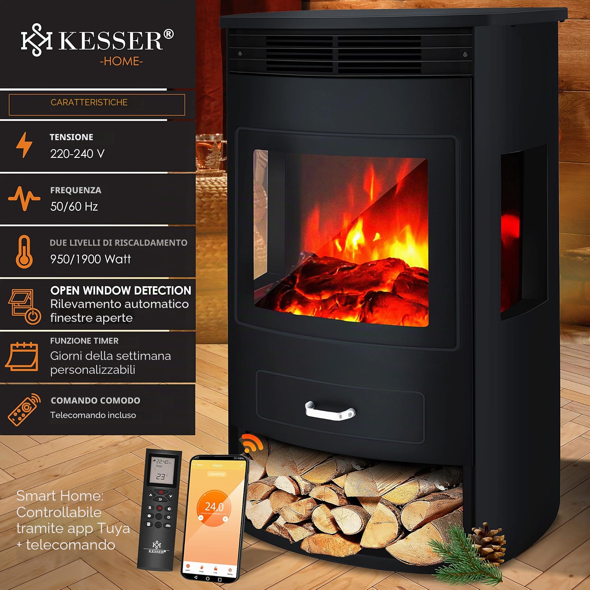 KESSER® Prio Camino Elettrico con Stufa, Termoventilatore, Telecomando, 950/1900 W, Caminetto Elettrico con Effetto Fiamma LED, Rilevamento Finestra Aperta, Fattura Robusta, Telecomando Incluso