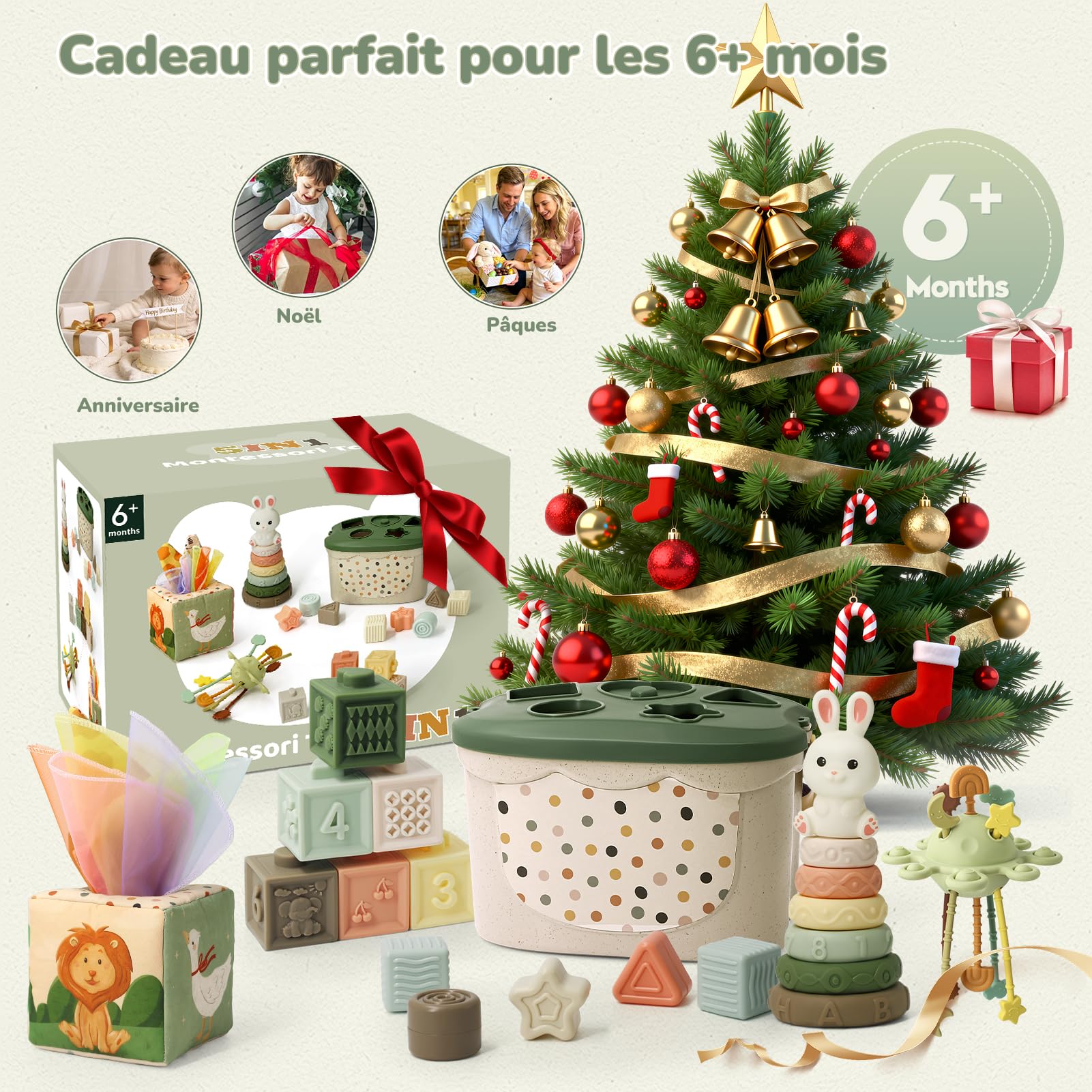 5 en 1 Jouet Bébé 6 Mois Montessori – Jeux d’éveil 6-12 Mois avec Trieur de Formes, Boîte à Mouchoirs, Empilement | Jouet Sensoriel Cadeau pour Enfants 7 8 9 Moiss(5-en-1)