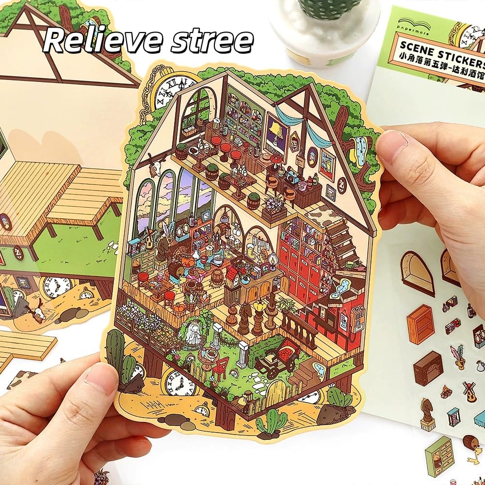 4 Sets DIY 3D House Stickers with Tweezers,Large 3D DIY Sticker Scenes for Adult Kids Relief Stress Pass The Time,Make Your Own Cute Cartoon Warm Shop Draw Studio Wineshop Church - Image 3