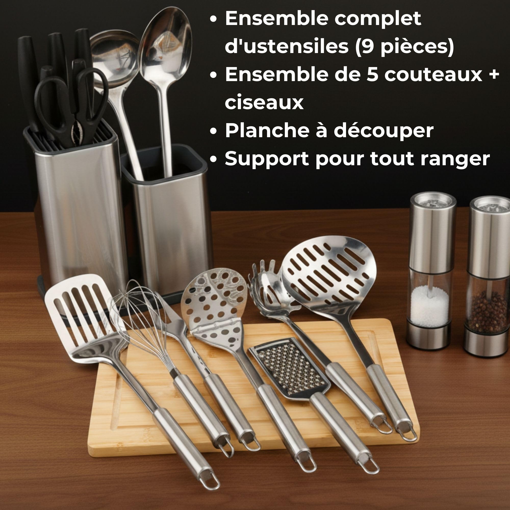 Kit complet de Couteaux et Ustensiles de Cuisine de 17 pièces en Acier Inoxydable avec Couteaux Set Ustensile Support et Planche Kit Ustensiles Cuisine Inox Accessoires de Cuisine