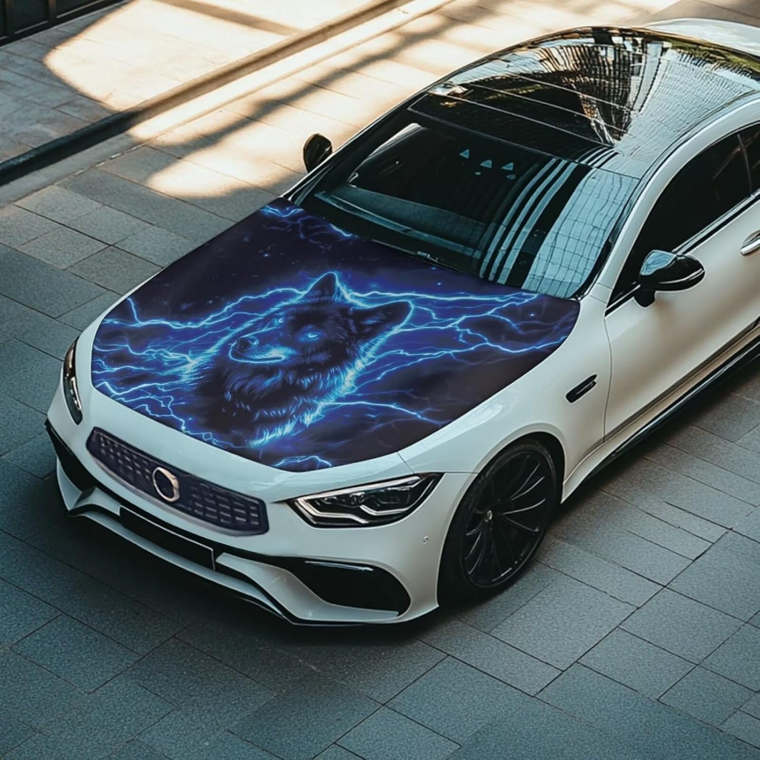 Car Hood Cover Stretch Polyester Fabric Cover Lightning Wolf Car Hood Covers Protector Easy Installation Removable Automotive Accessories Suitable for Cars