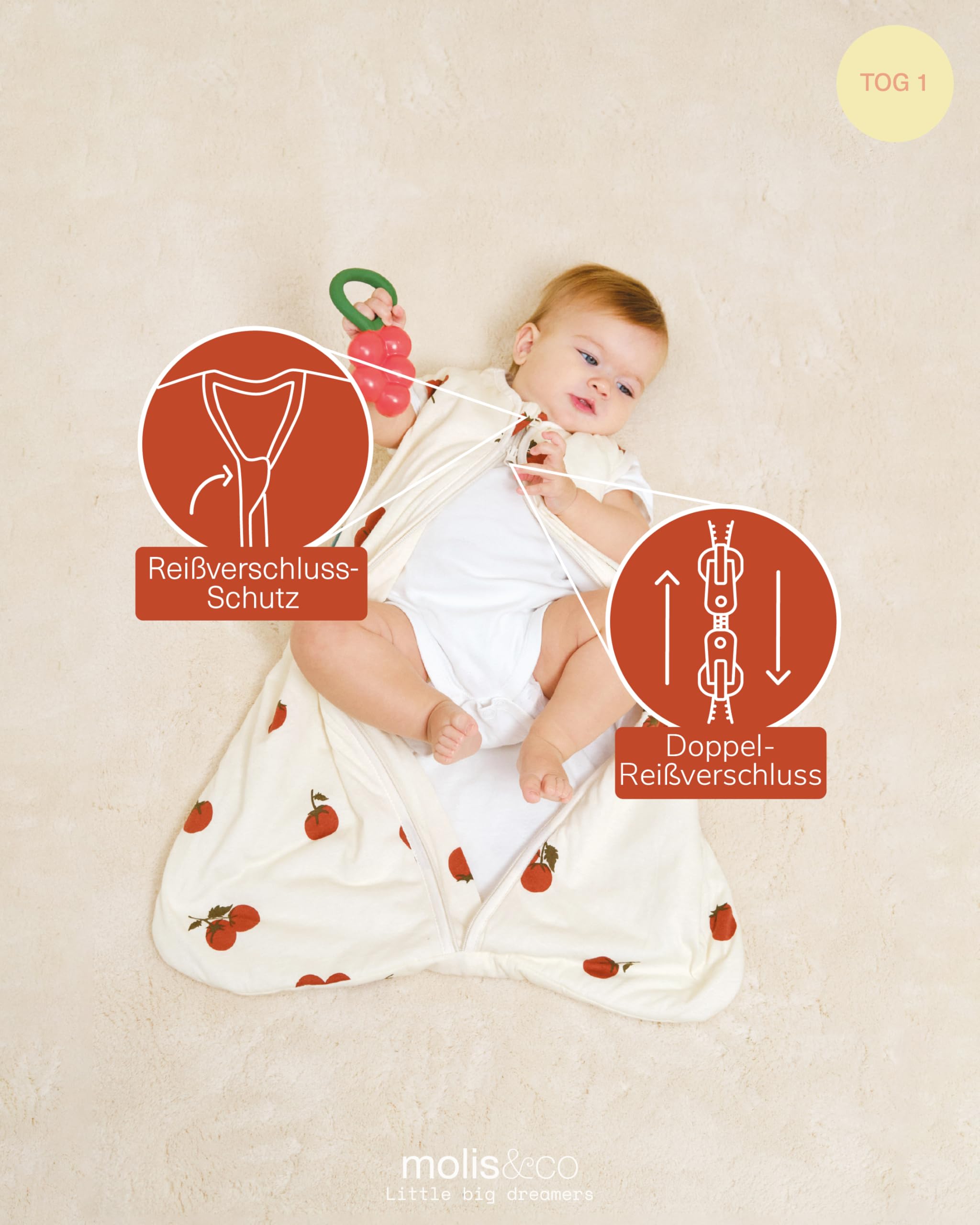 molis&co - Baby Schlafsack ärmellos - Ideal für Frühling und Herbst - Babyschlafsack 1 tog ohne Ärmel - Leicht gepolstert - 100% Baumwolle (Oeko-TEX 100), Premium Qualität