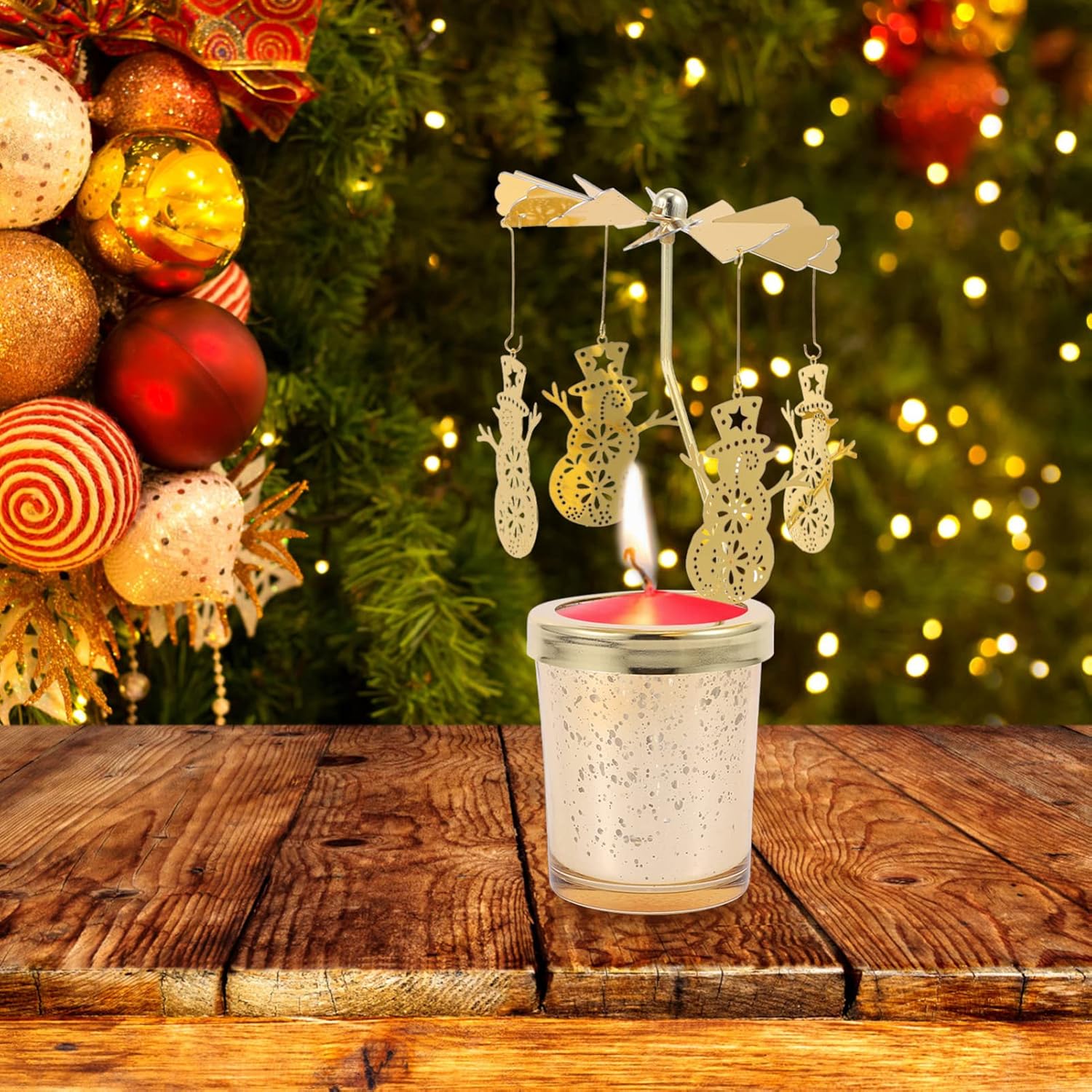 Christmas Rotating Candle Holder Spinning Tea Lights Candlestick Holder Tabletop Candlestick Decoration Romantic for Home (Snowman)